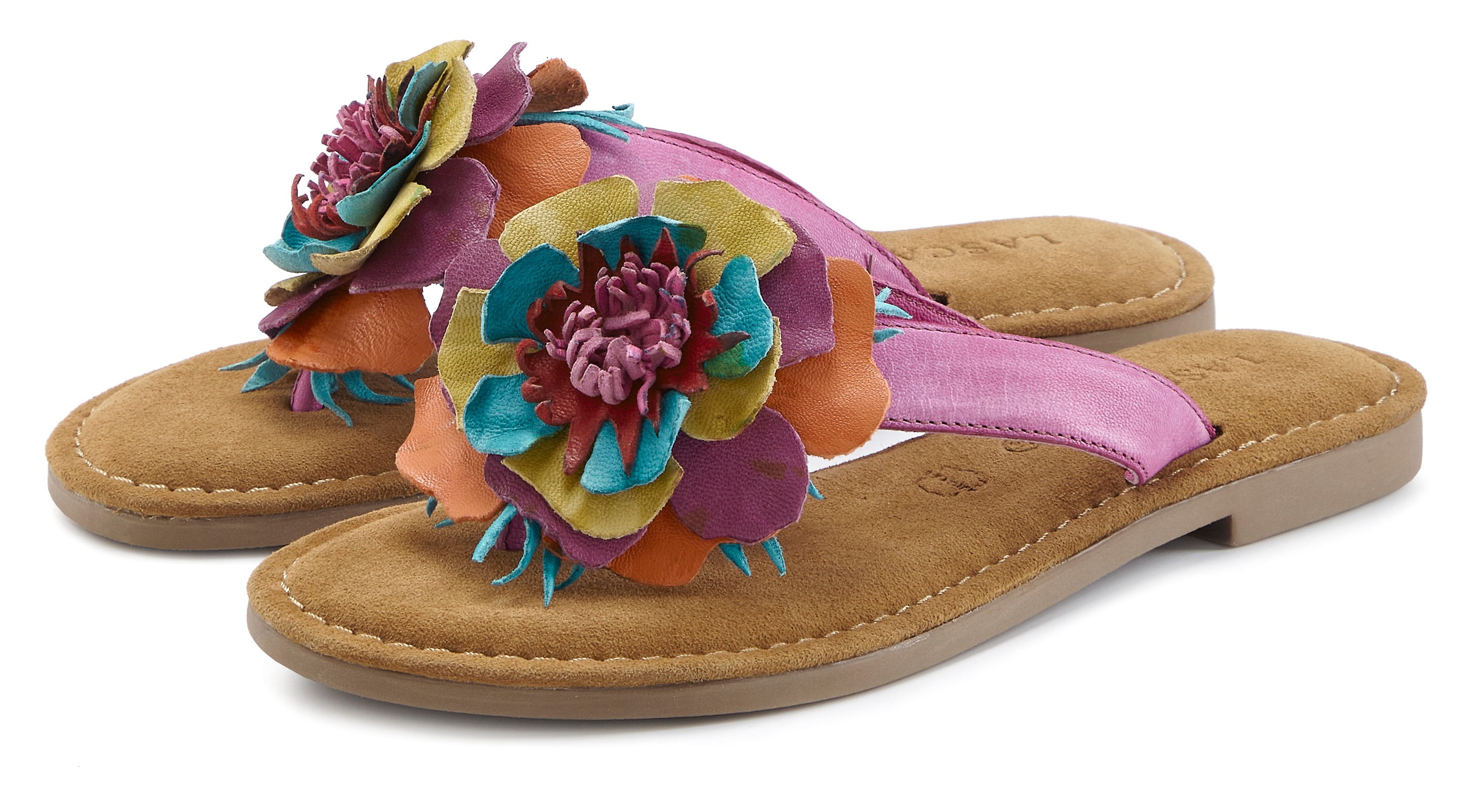 LASCANA Pantolette "Sommerschuh, offener Schuh, Mule, Sandale," NEU aus Leder mit raffinierter Blumen-Applikation