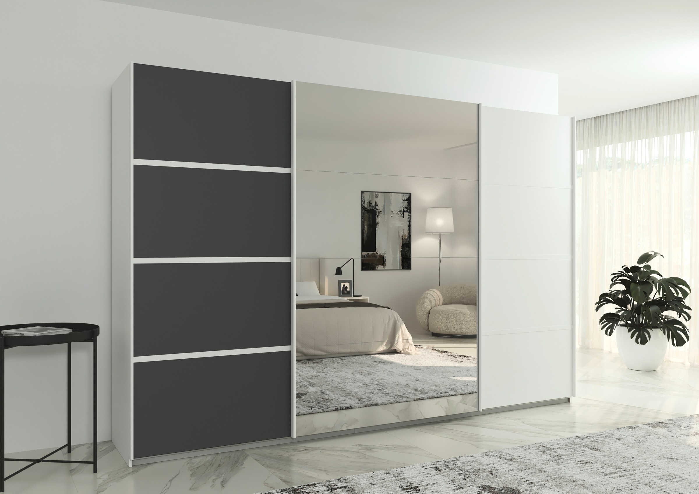 rauch Kleiderschrank »Schwebetürenschrank OTTO´s Choice Garderobe Schrank TOP ANGEBOT Avola«, (in 3 verschiedenen Ausstattungen BASIC/CLASSIC/PREMIUM inkl. Spiegel), mit eleganten Zierleisten in Chrom, Schwarz oder Weiß MADE IN GERMANY