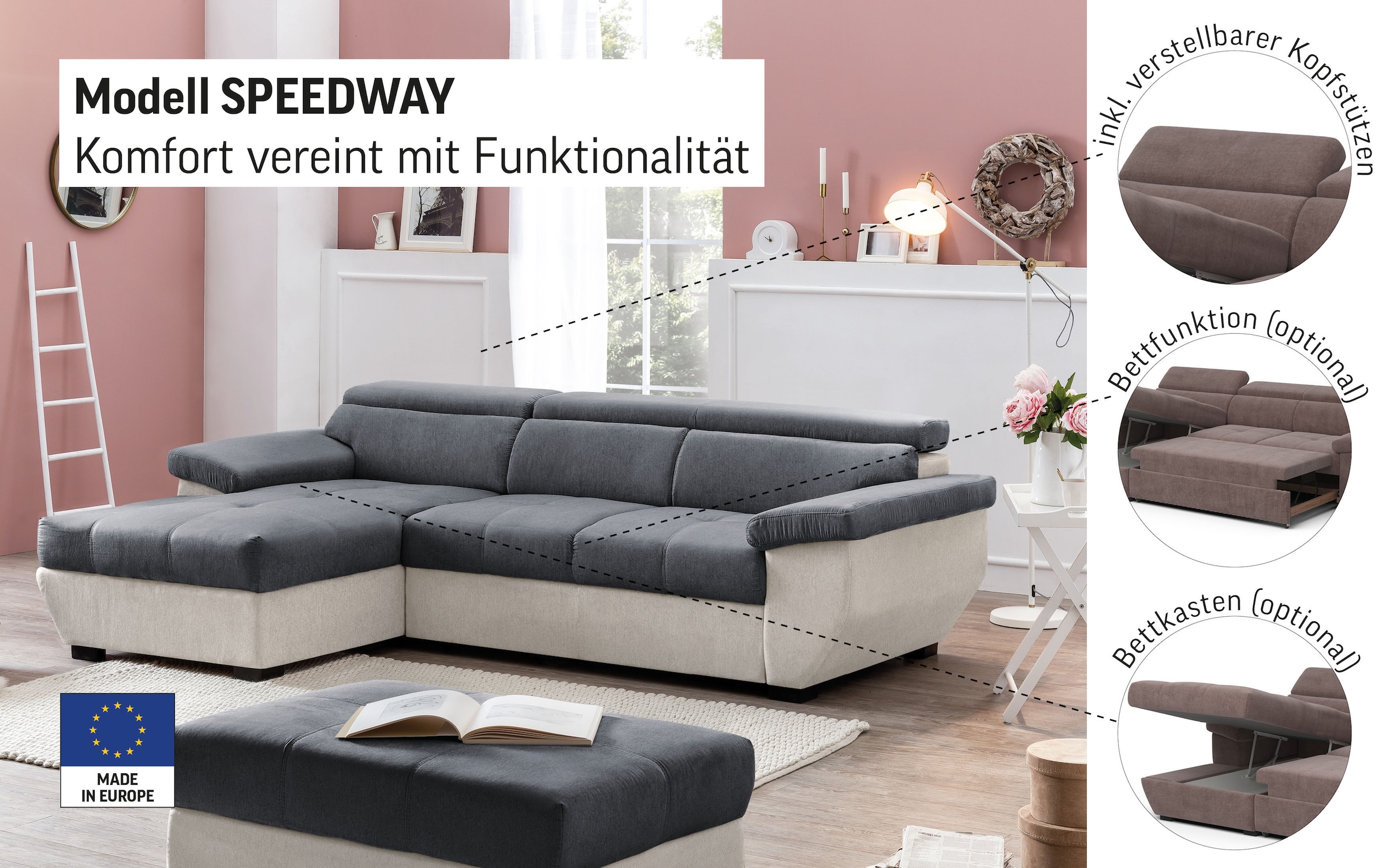 COTTA Ecksofa »Speedway L-Form« mit Kopfteilverstellung, wahlweise mit Bettfunktion & Bettkasten