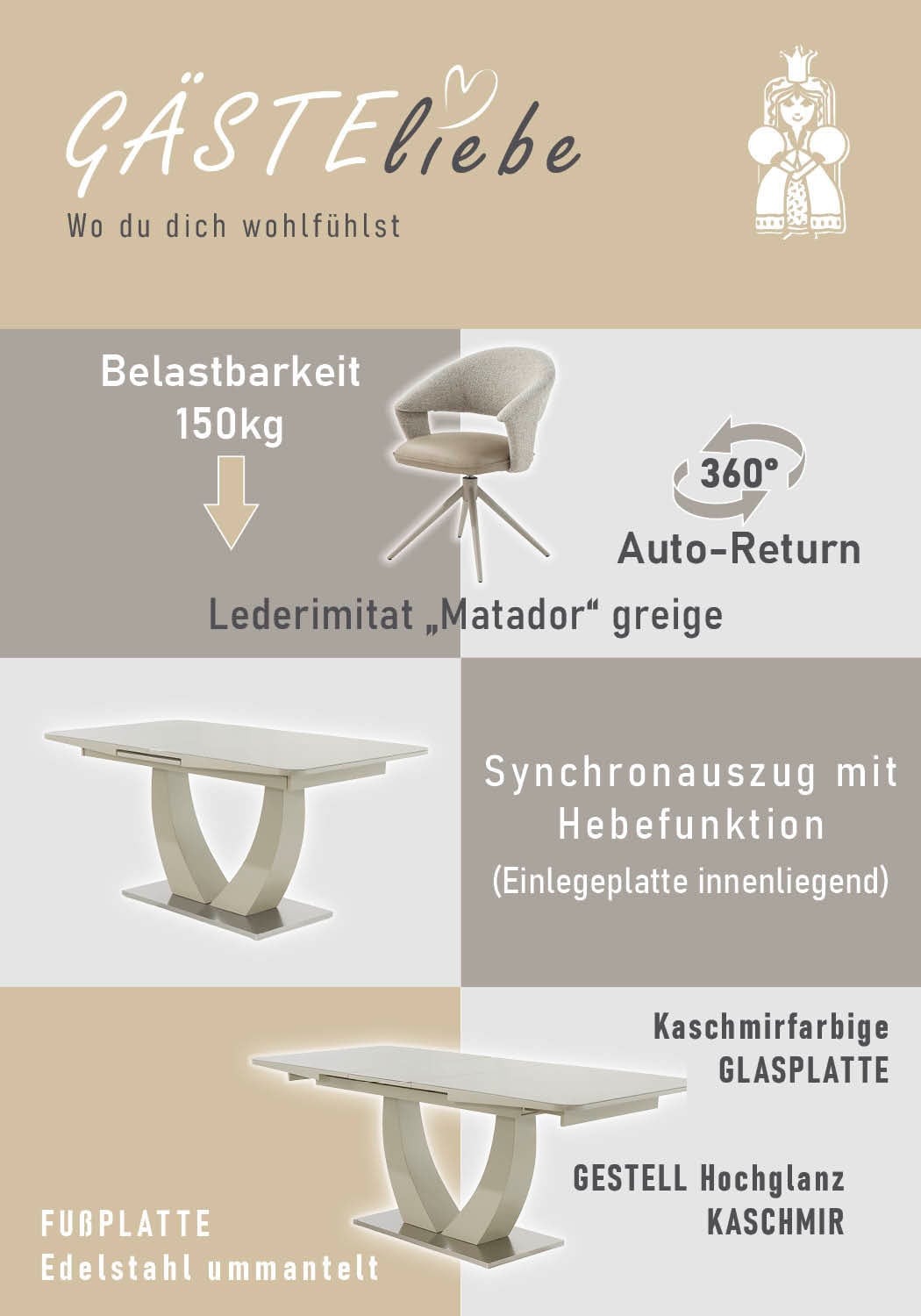 Jockenhöfer Gruppe Essgruppe »Ulm/Valencia-Santiago, Sitzgruppe (Set, 5-tlg., 1 Tisch und 4 Stühle)« 5 tlg. Set, 5-tlg, Esstisch mit Synchronauszug 160-200cm, Stühle 360° drehbar