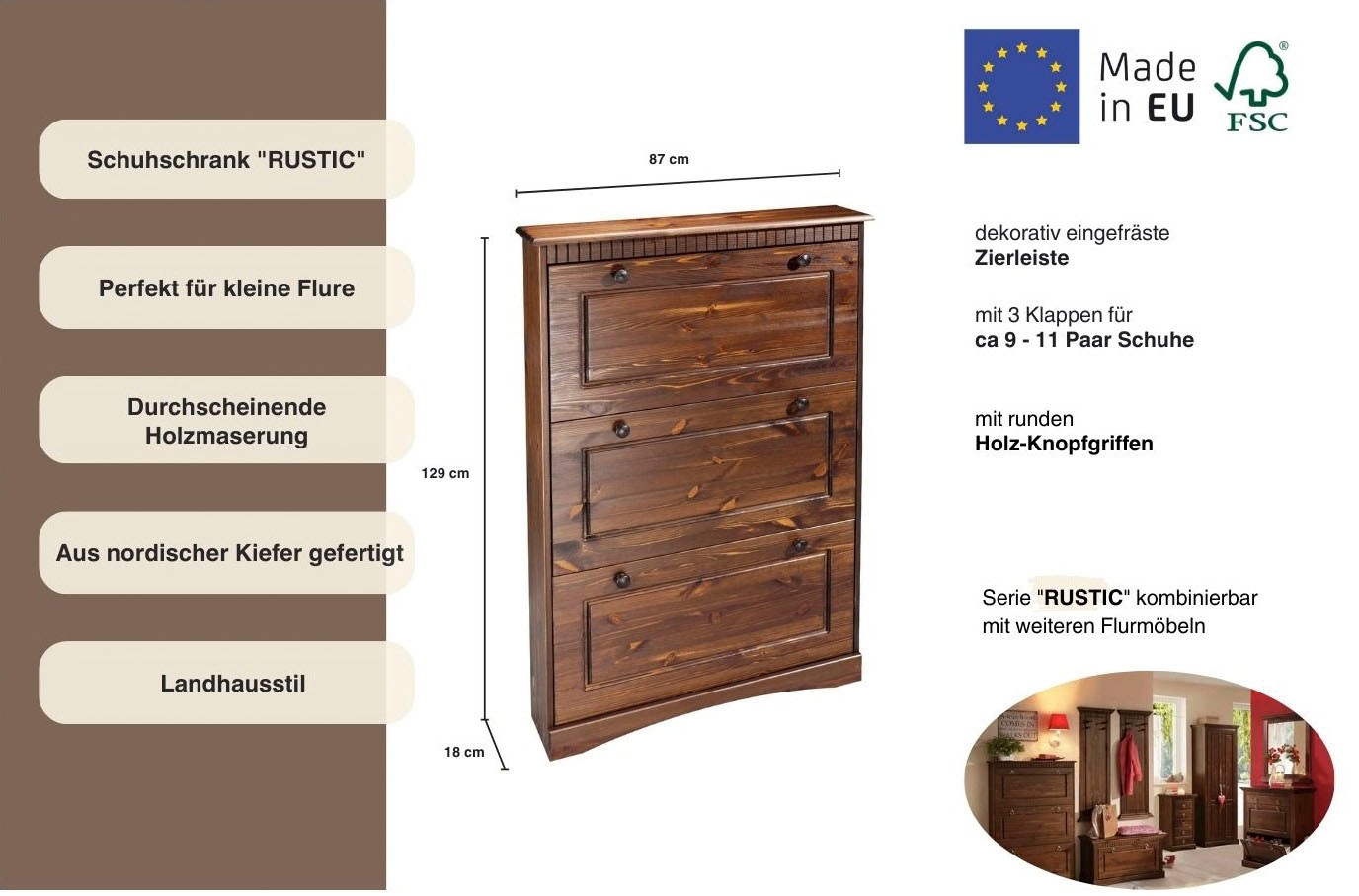 Home affaire Schuhschrank »Rustic«, mit Knopfgriffen aus massiver Kiefer,FSC®-zertifiziert,Kassetenoptik