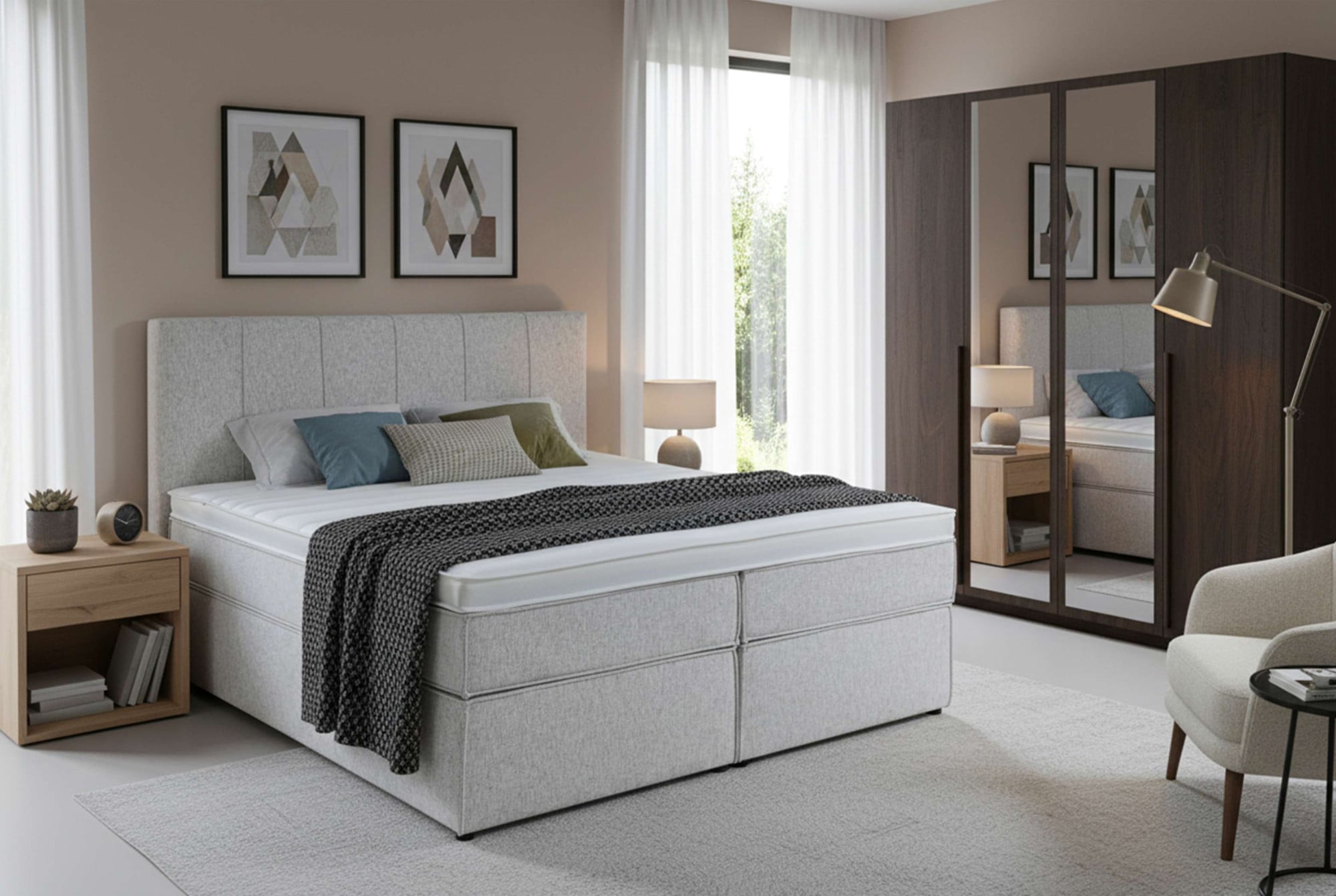Home affaire Boxspringbett "Leon, Doppelbett, Polsterbett, Federkernbett, Komfortbett, 160, 180 cm" inkl. 9 cm Topper, 5-Zonen-Taschen-Federkernmatratze in H3