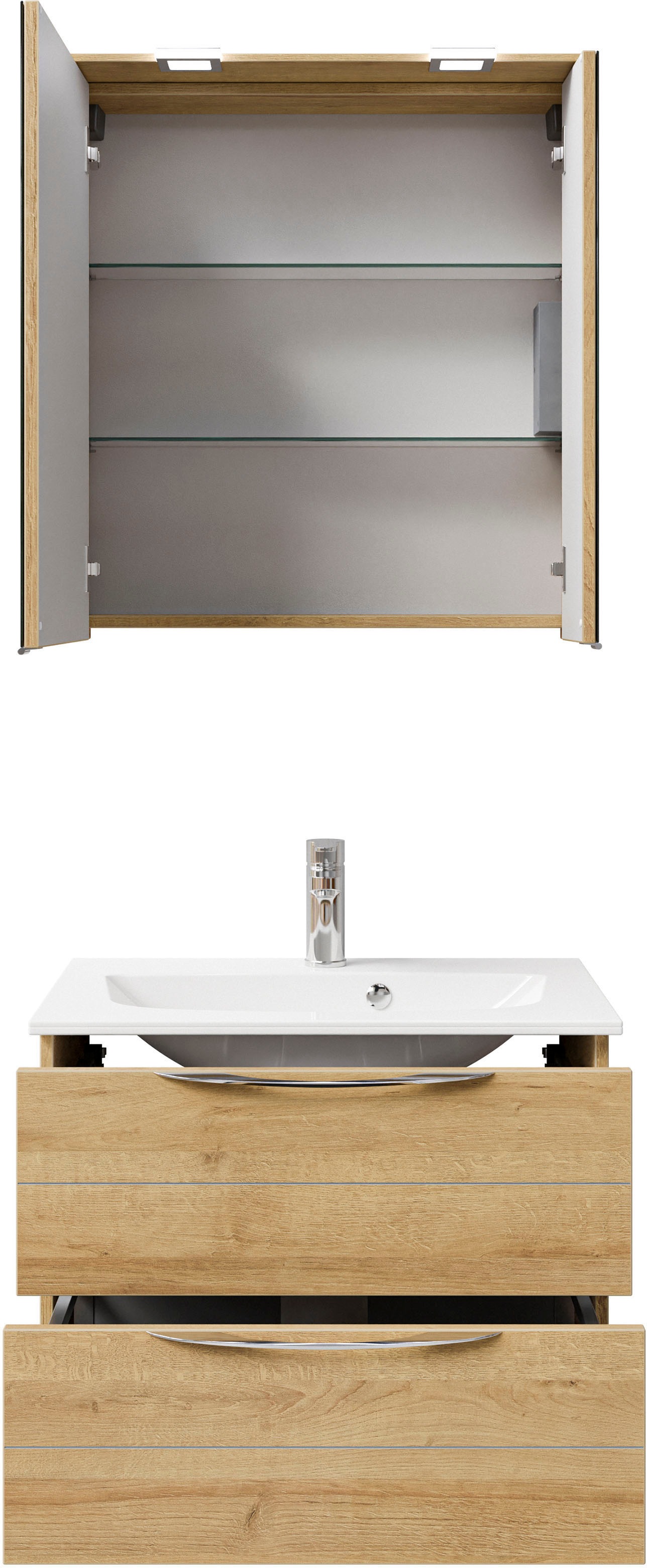 Saphir Badmöbel-Set »Serie 6025 2-teilig Mineralmarmor-Waschtisch mit LED-Spiegelschrank«, (2 St.), Waschplatz 67 cm breit, 2 Schubladen, 2 Spiegel-Türen, inkl Türdämpfer