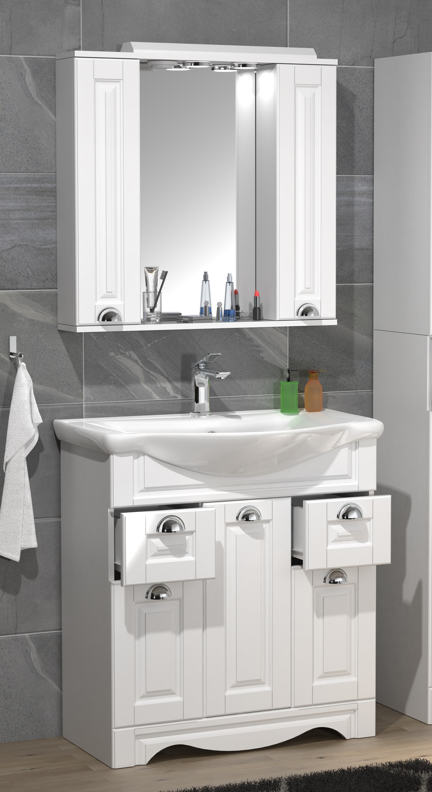 VCM Waschbeckenunterschrank »VCM 3-tlg. Waschplatz Waschtisch Breite 75 cm Badmöbel Set Waschbecken Spiegelschrank Schubladen Landhaus Casalo XL«, (3 St.)