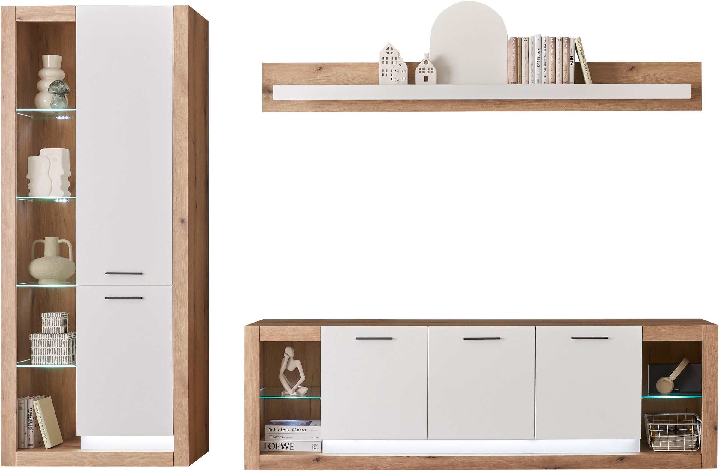 INOSIGN Wohnwand »Brixen, moderne Anbauwand, Wohnzimmer-Set, Eiche Evoke Dekor mit Weiß«, (Set, 3 St.), enthält Stauraumelement, Lowboard und Wandboard