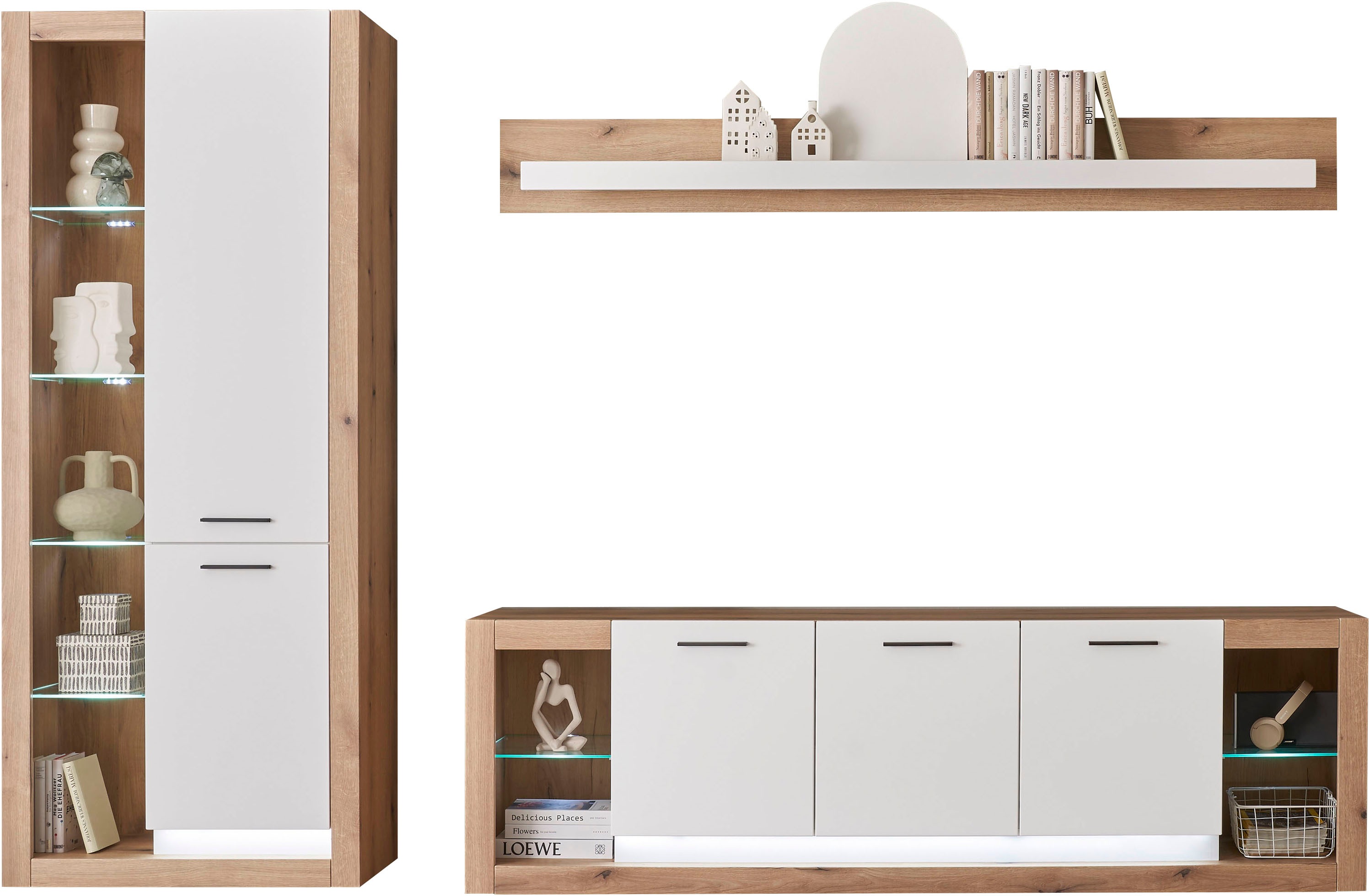 Thumbnail - INOSIGN Wohnwand "Brixen, moderne Anbauwand, Wohnzimmer-Set, Eiche Evoke Dekor mit Weiß", (Set, 3 St.), enthält Stauraum...