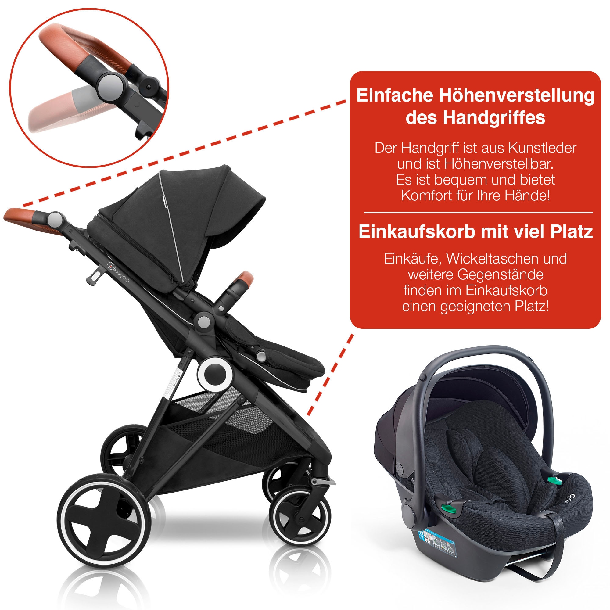 BabyGo Kombi-Kinderwagen »Halime 3in1«, inklusive Babywanne, Babyschale, Regenhaube & Wickeltasche