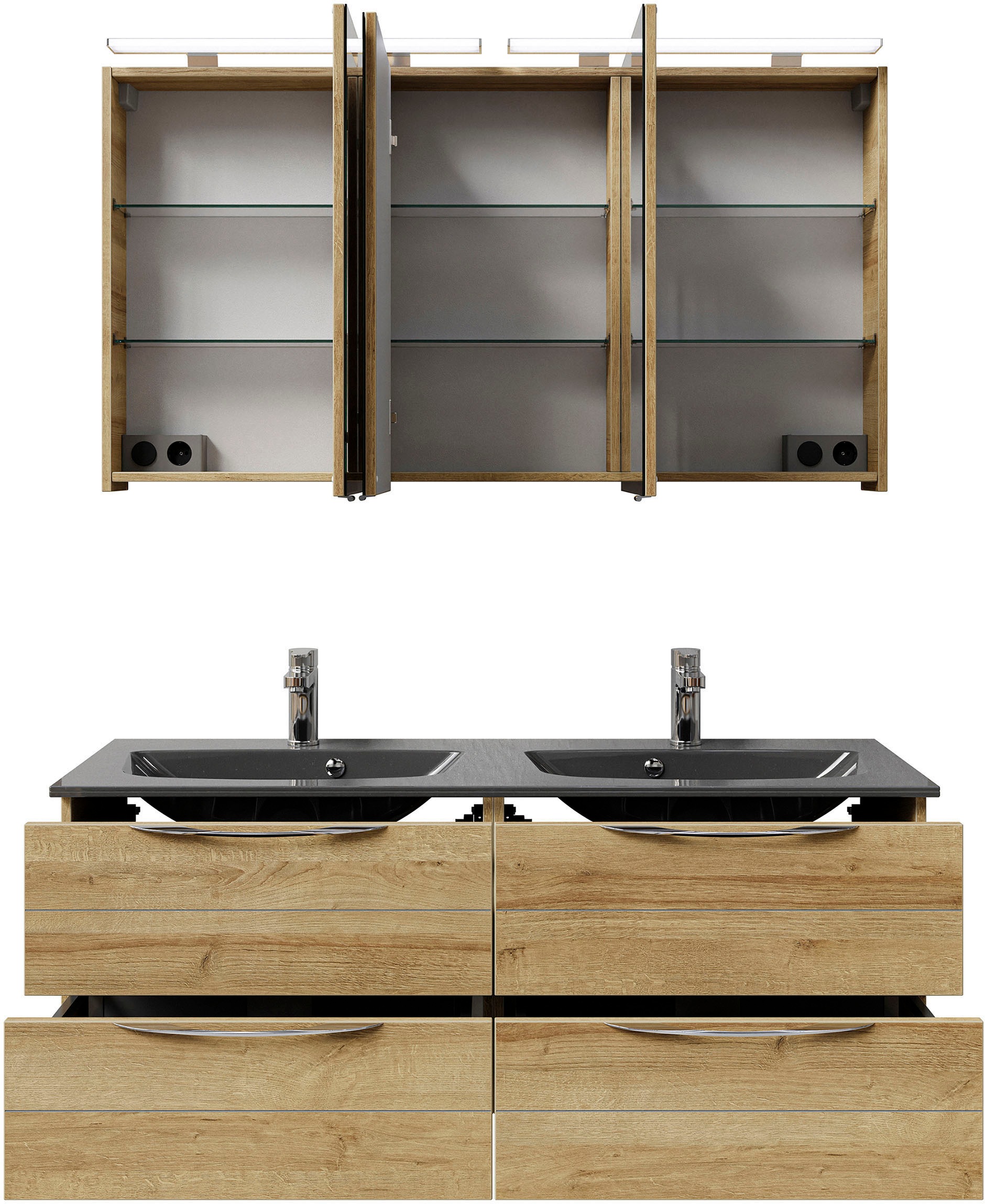 Saphir Badmöbel-Set »Serie 6025 2-teilig Mineralmarmor-Waschtisch mit LED-Spiegelschrank«, (2 St.), Waschplatz 132cm breit, 4 Schubladen, 2 Spiegel-Türen, inkl Türdämpfer