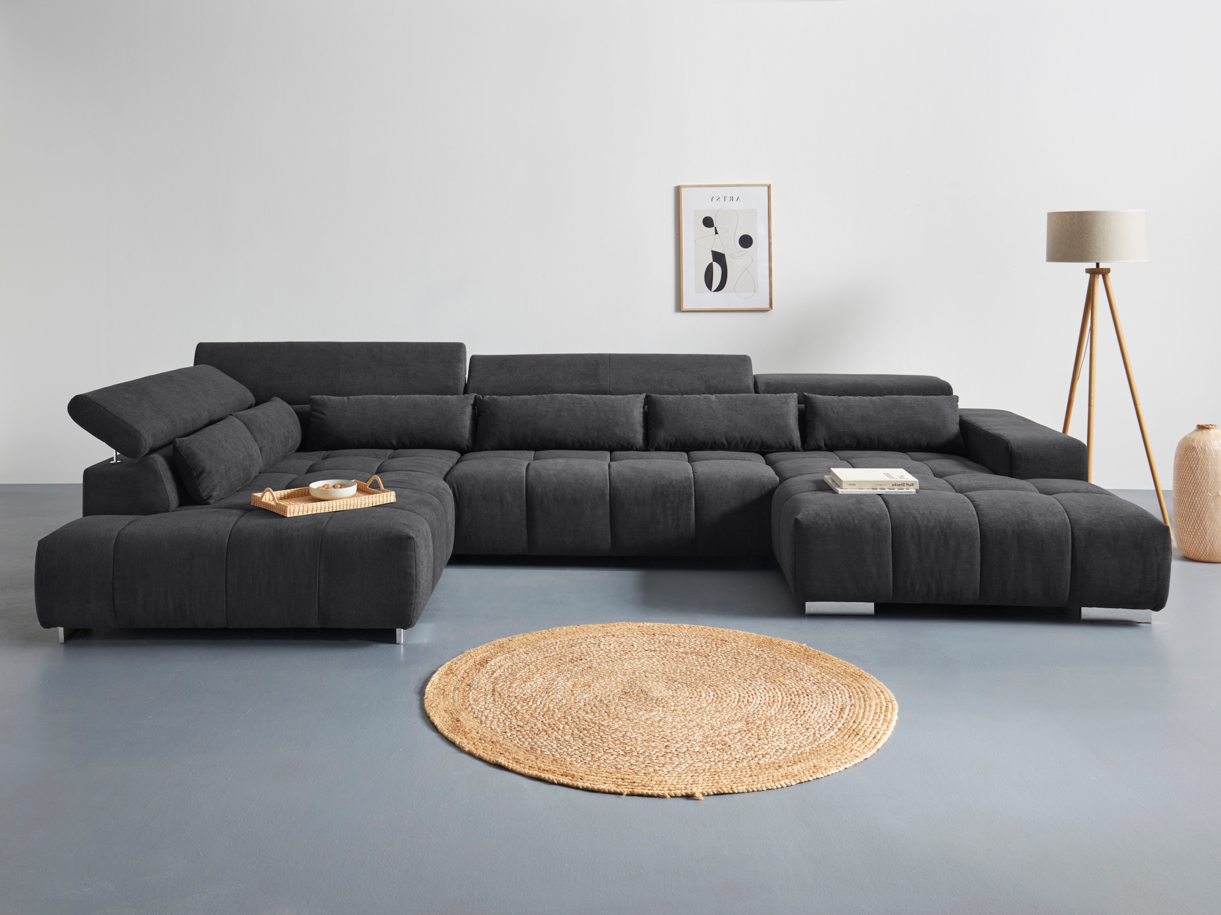 COTTA Wohnlandschaft "Orion U-Form XXL, B: 409 cm, bequeme Wellenunterfederung, top modern" mit Kopfteilverstellung & 6 Nierenkissen