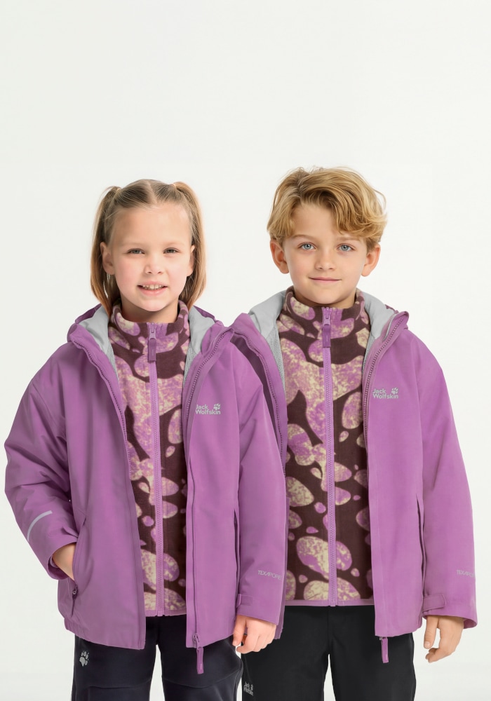 Jack Wolfskin 3-in-1-Funktionsjacke "ICELAND 3IN1 PRINT JKT K" mit Kapuze für Kinder, mit Kapuze, wasserdicht, winddicht, atmungsaktiv