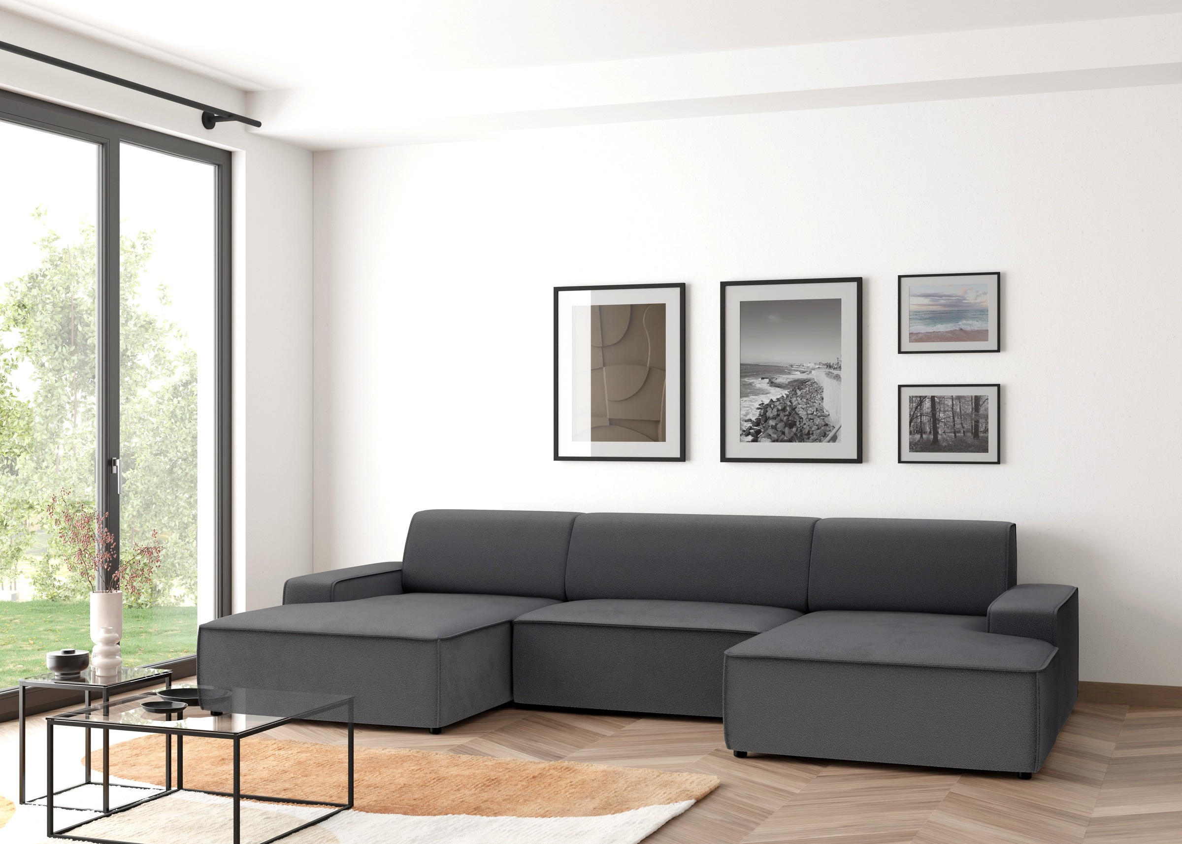 TRENDMANUFAKTUR Wohnlandschaft »Graz, wahlweise mit Sitzvorschub und Bettkasten, U-Form, Breite 329 cm«, in Cord-, haustierfreundlichem LEO Struktur- oder LUMOS-3D-Bezug