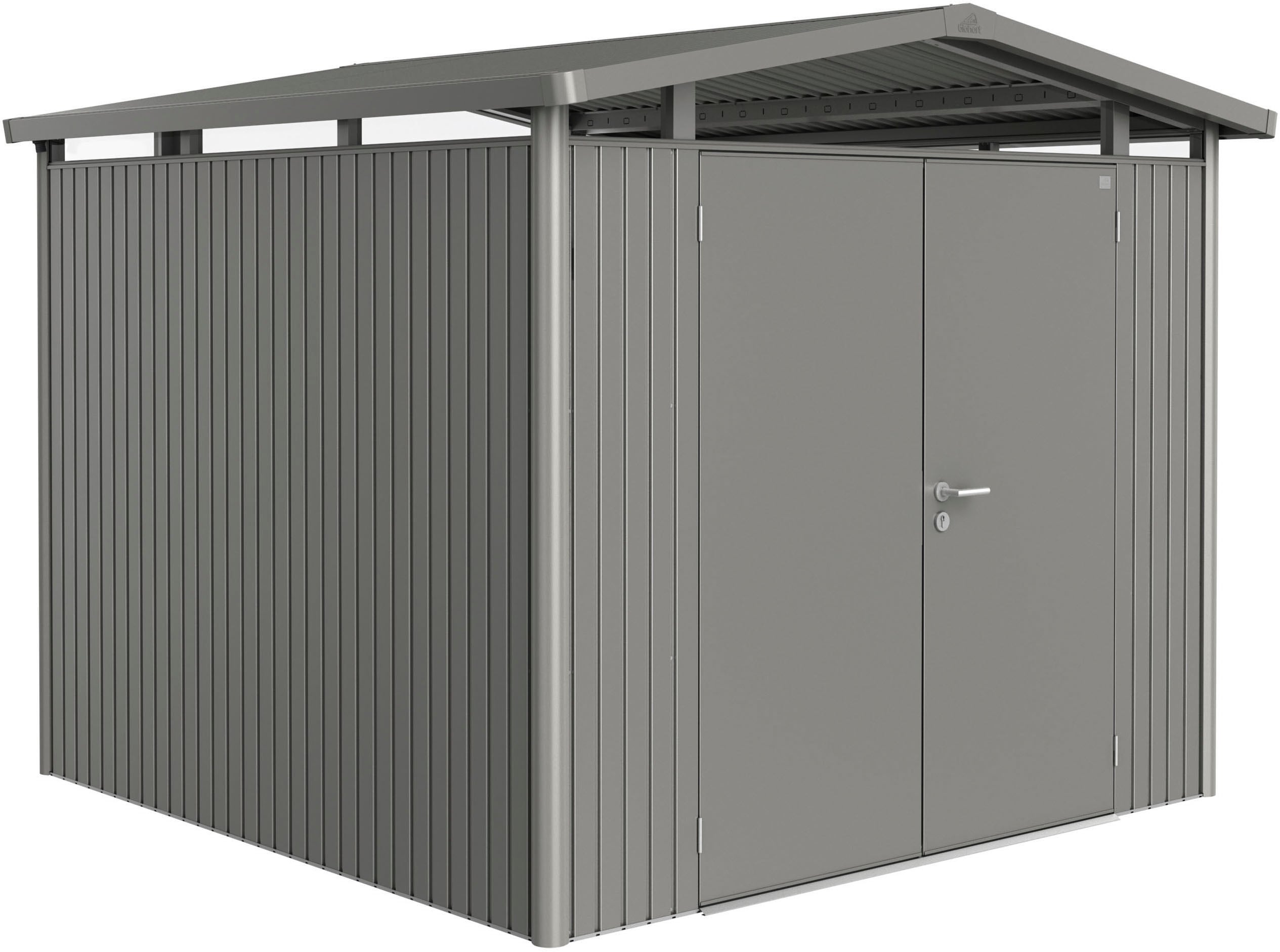 Gerätehaus BIOHORT, grau, Stahl, Garten, Gerätehäuser, "PANORAMA Gr. P4 quarzgrau-metallic mit Doppeltür", aus Metall mit umlaufendem