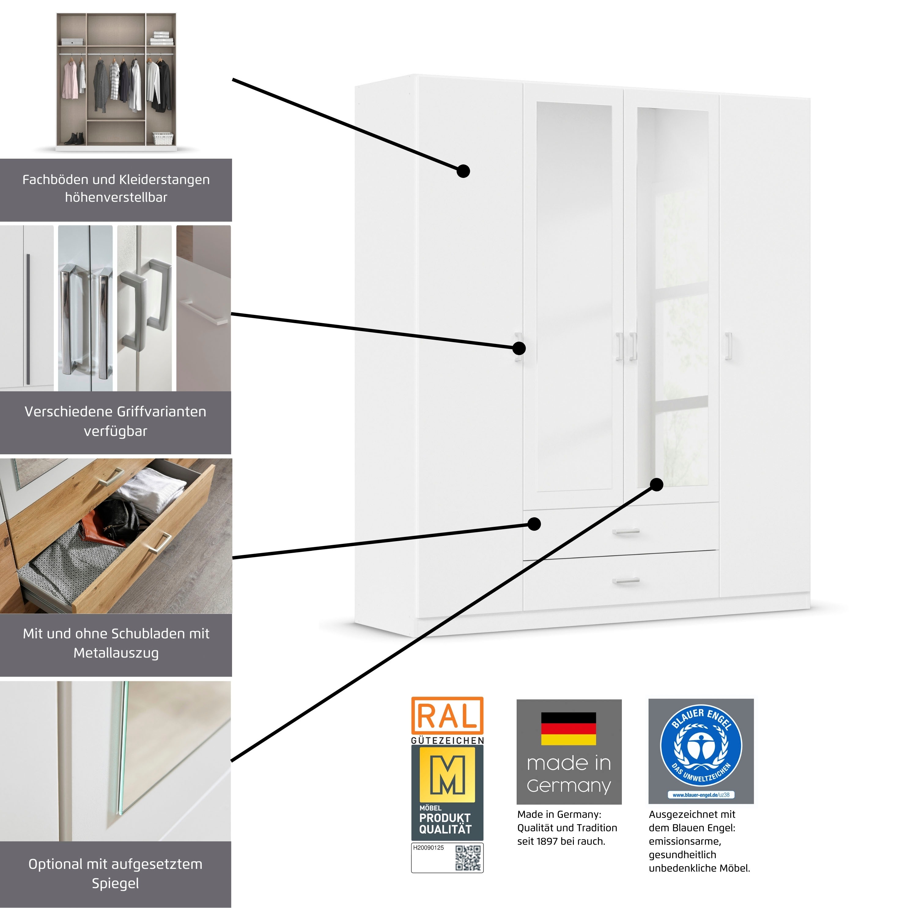 Thumbnail - rauch Kleiderschrank "Schrank Garderobe Ankleide GAMMA Breiten 91/136/181/226/271/315/360 cm" in 3 Ausstattungen BASIC/C...