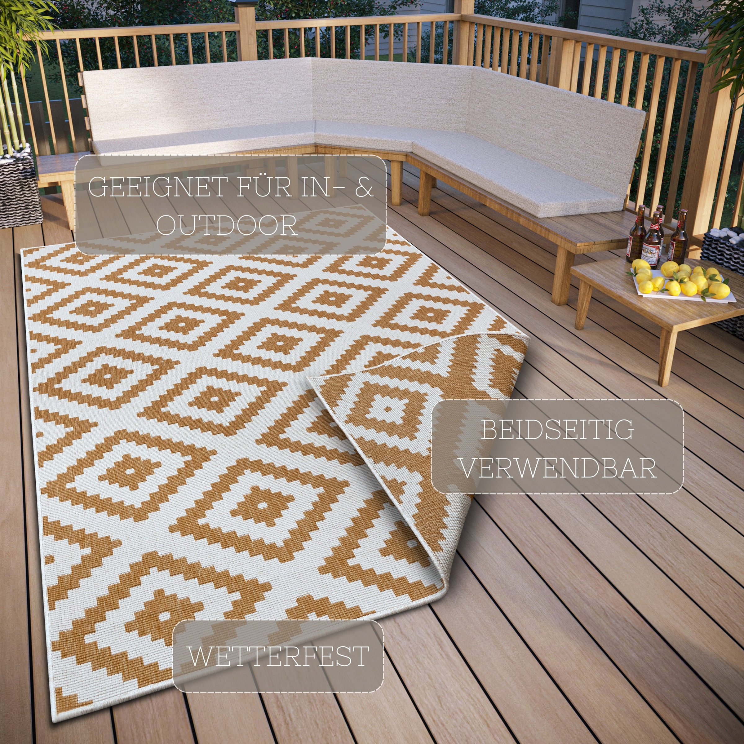NORTHRUGS Teppich »Malta Wendeteppich«, rechteckig, 5 mm Höhe, In-& Outdoor, Wetterfest, Balkon, Terrasse, Raute, Läufer, Wohnzimmer