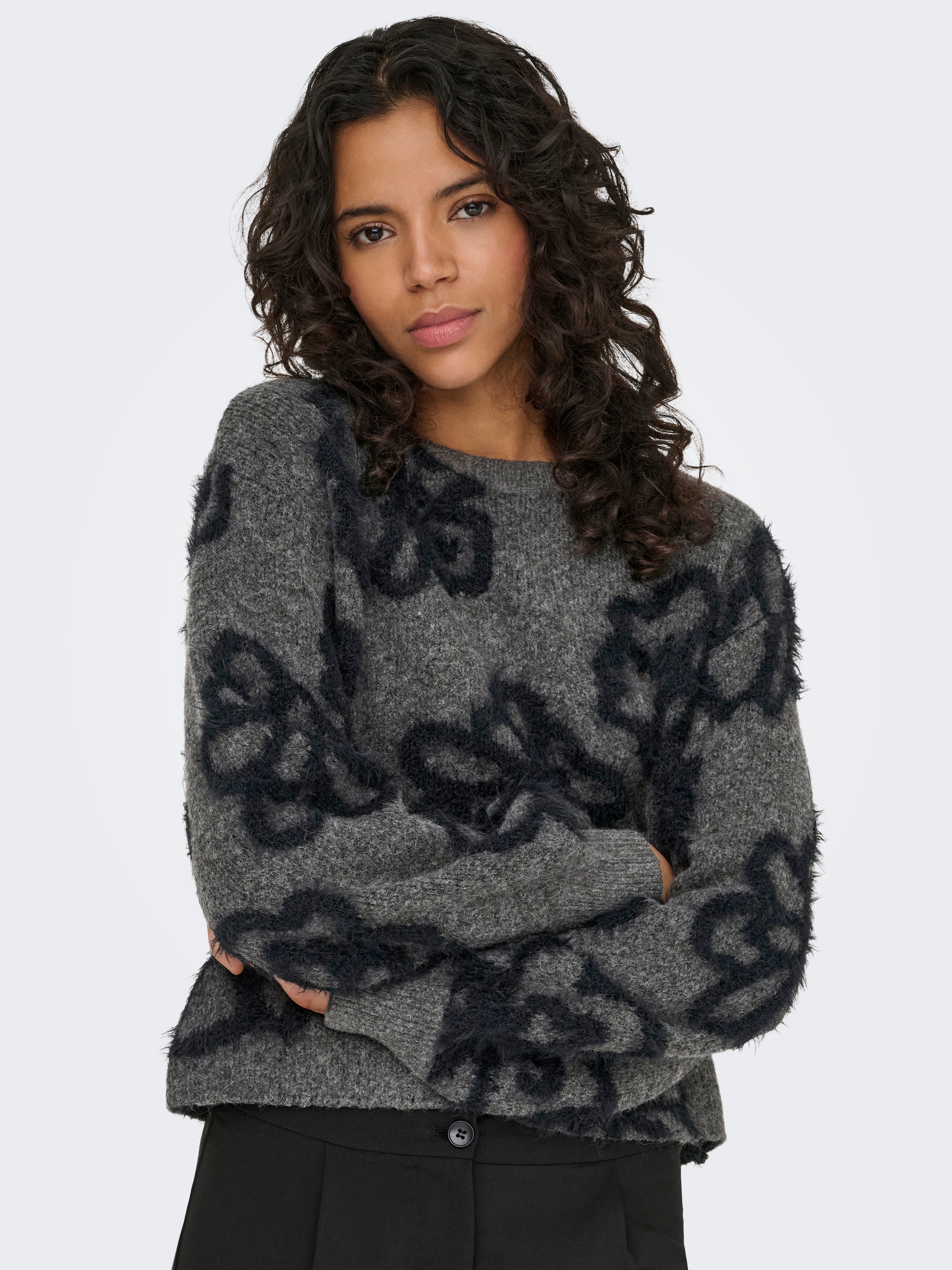 ONLY Strickpullover »ONLFELICIA LS SHORT O-NECK DETAIL KNT« Materialmix mit Wolle und Stretch, loose fit, Strick-Details