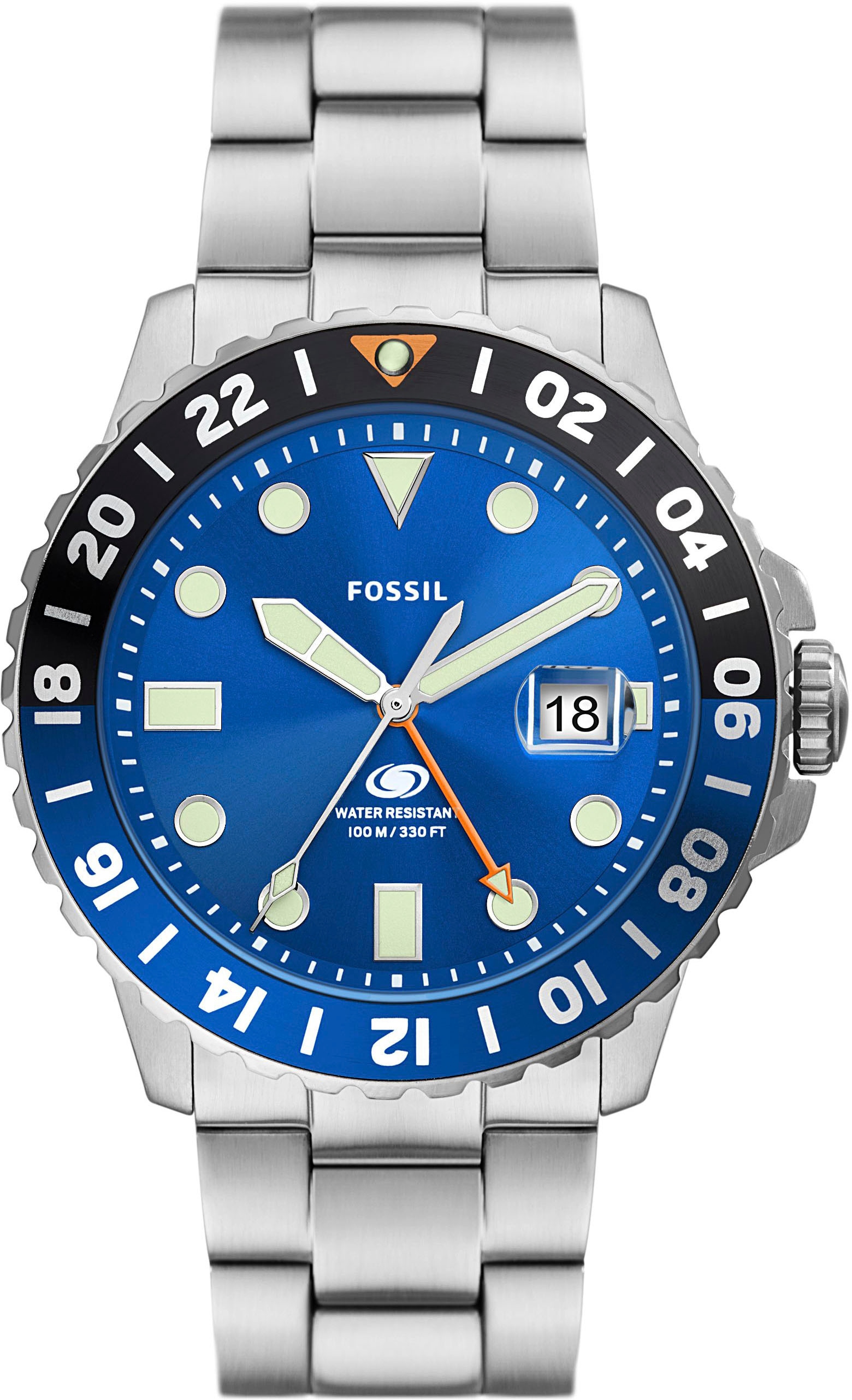 Fossil Quarzuhr »FOSSIL BLUE GMT, FS5991«, Armbanduhr, Herrenuhr, Edelstahlarmband, bis 10 bar wasserdicht