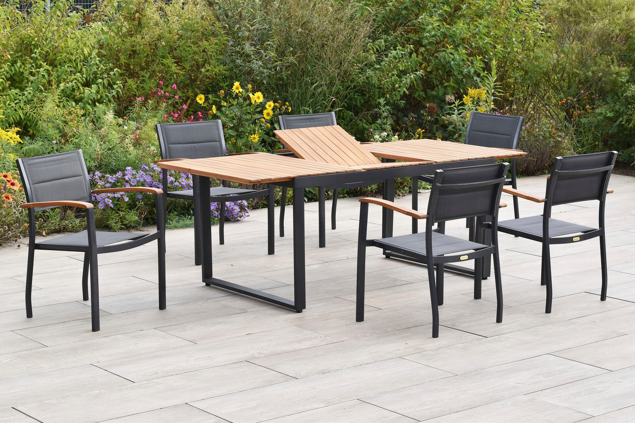 MERXX Garten-Essgruppe »Paxos« Set, 7 tlg. inkl. 6 Stapelsessel, 1 Ausziehtisch
