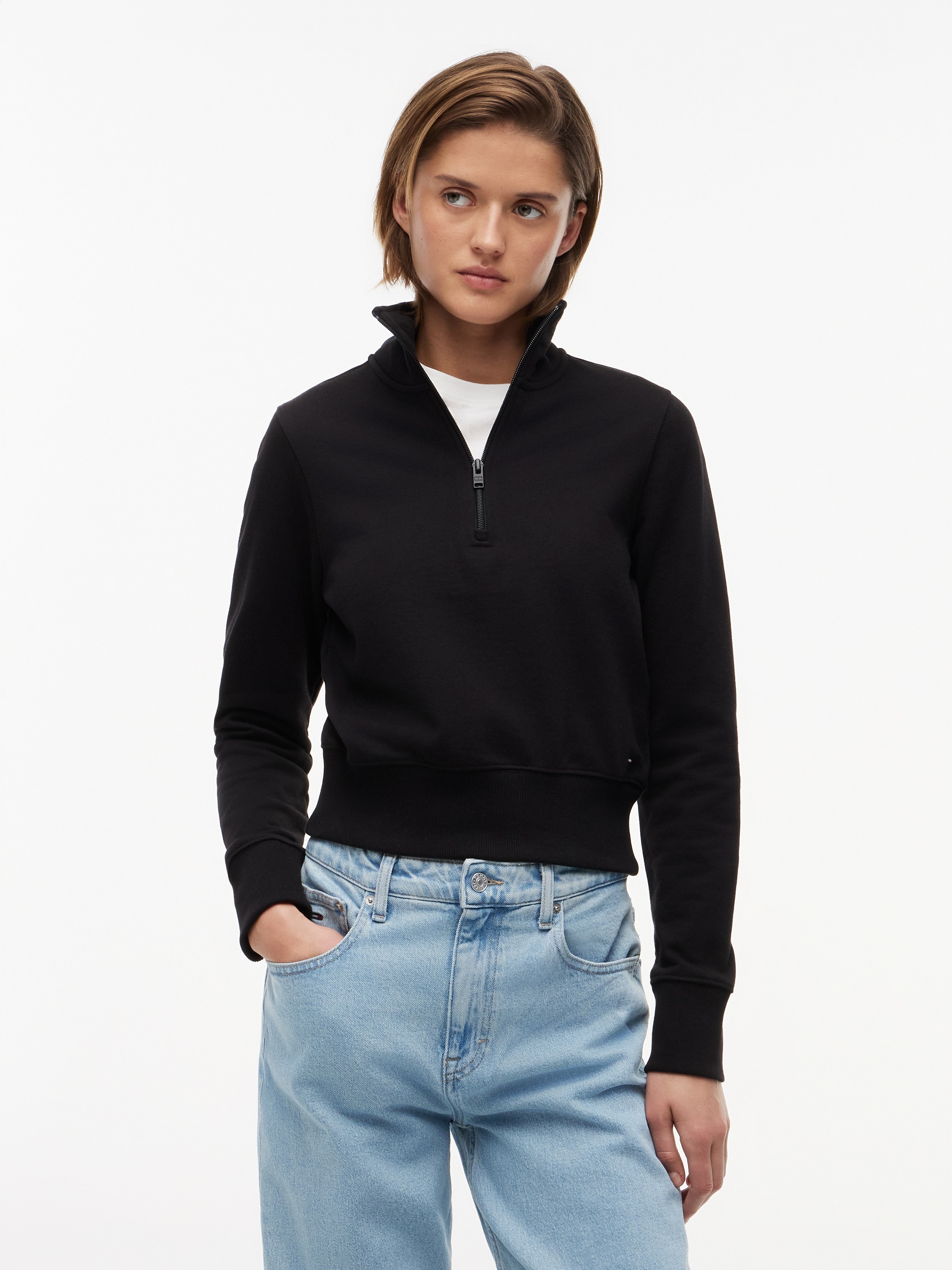 Tommy Jeans Sweatshirt "TJW SLIM S FLAG 1/4 ZIP MOCKNECK", Baumwolle, slim fit