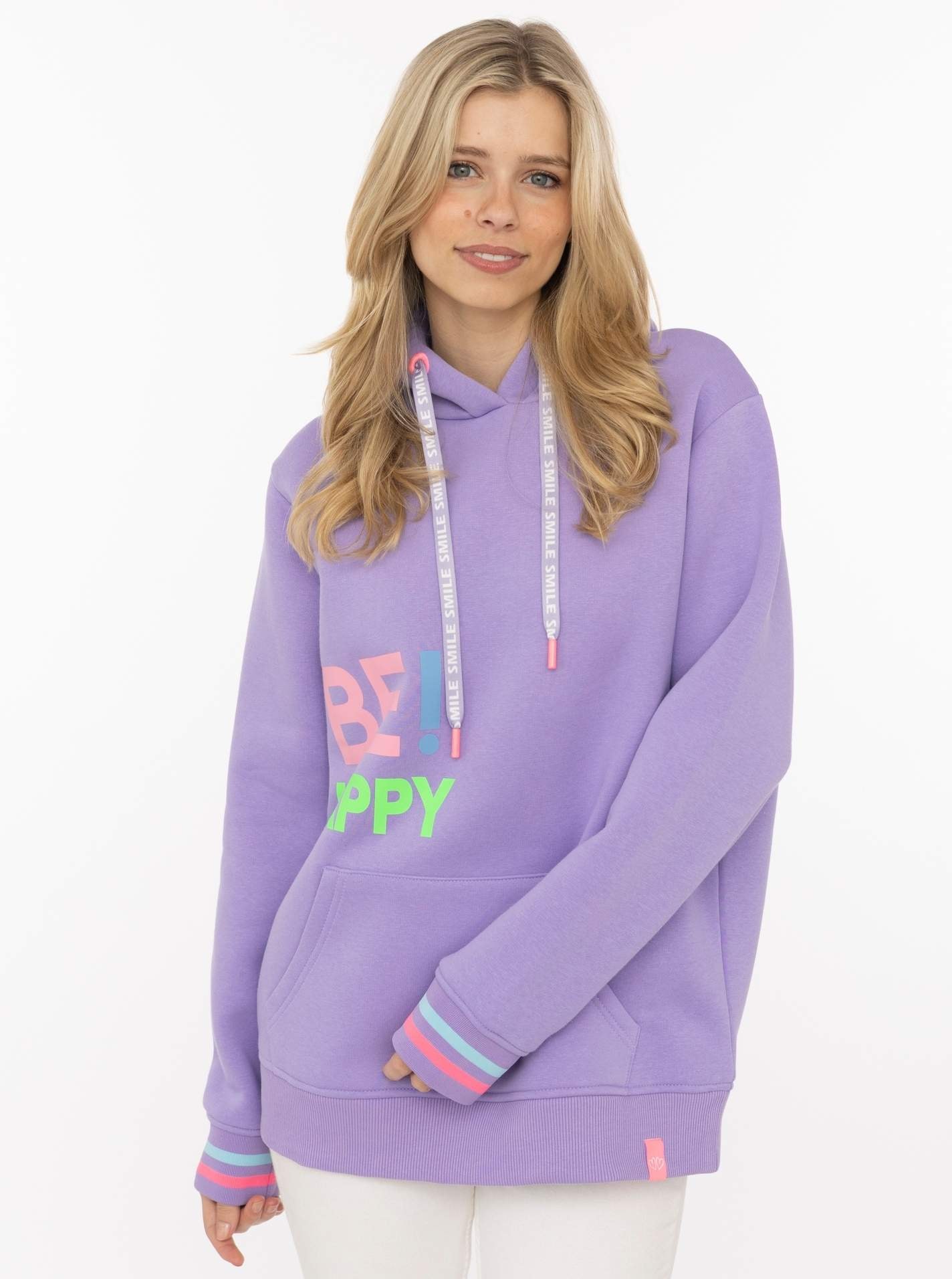 Zwillingsherz Hoodie ""Be Happy"", gestreifte Bündchen, Aufdruck auf Brust, Kapuze, Kängurutasche