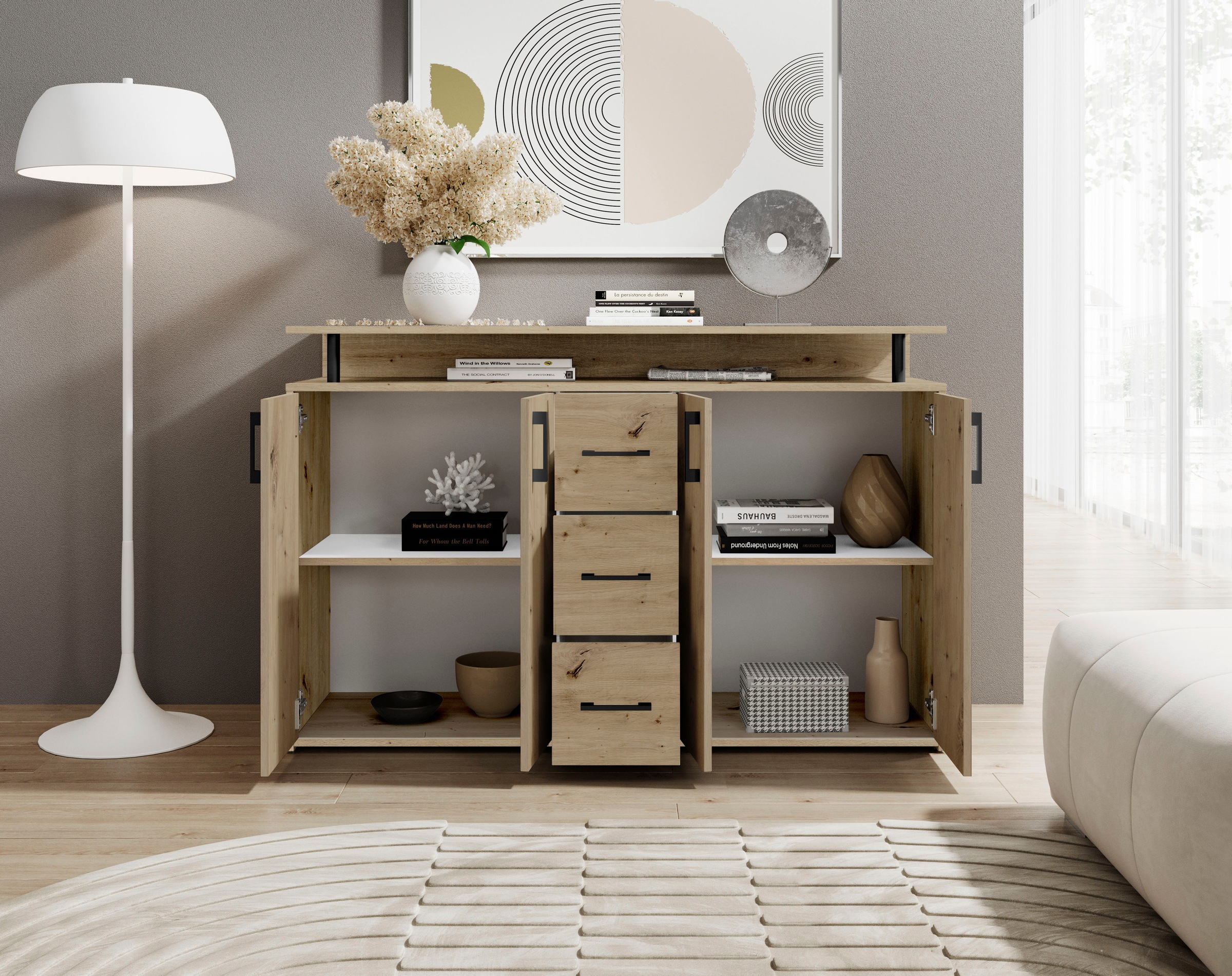 HBZ Sideboard »Drivno Sideboard, B/H/T 139x90x34 cm« 1 Stk. tlg. Breite 139cm, Kugelauszug, Einlegeböden verstellbar, 3 Schubkästen