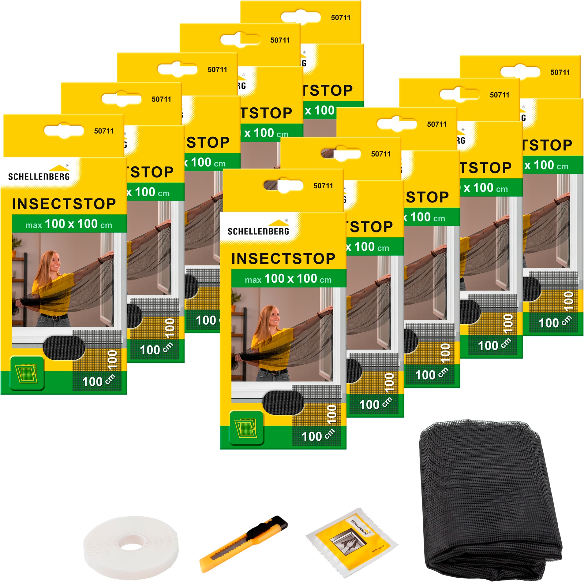 SCHELLENBERG "für Fenster ohne bohren" Set, 10 Stk. tlg. Insektenschutz inkl. Befestigungsband, 100 x 100 cm, weiß, anthrazit