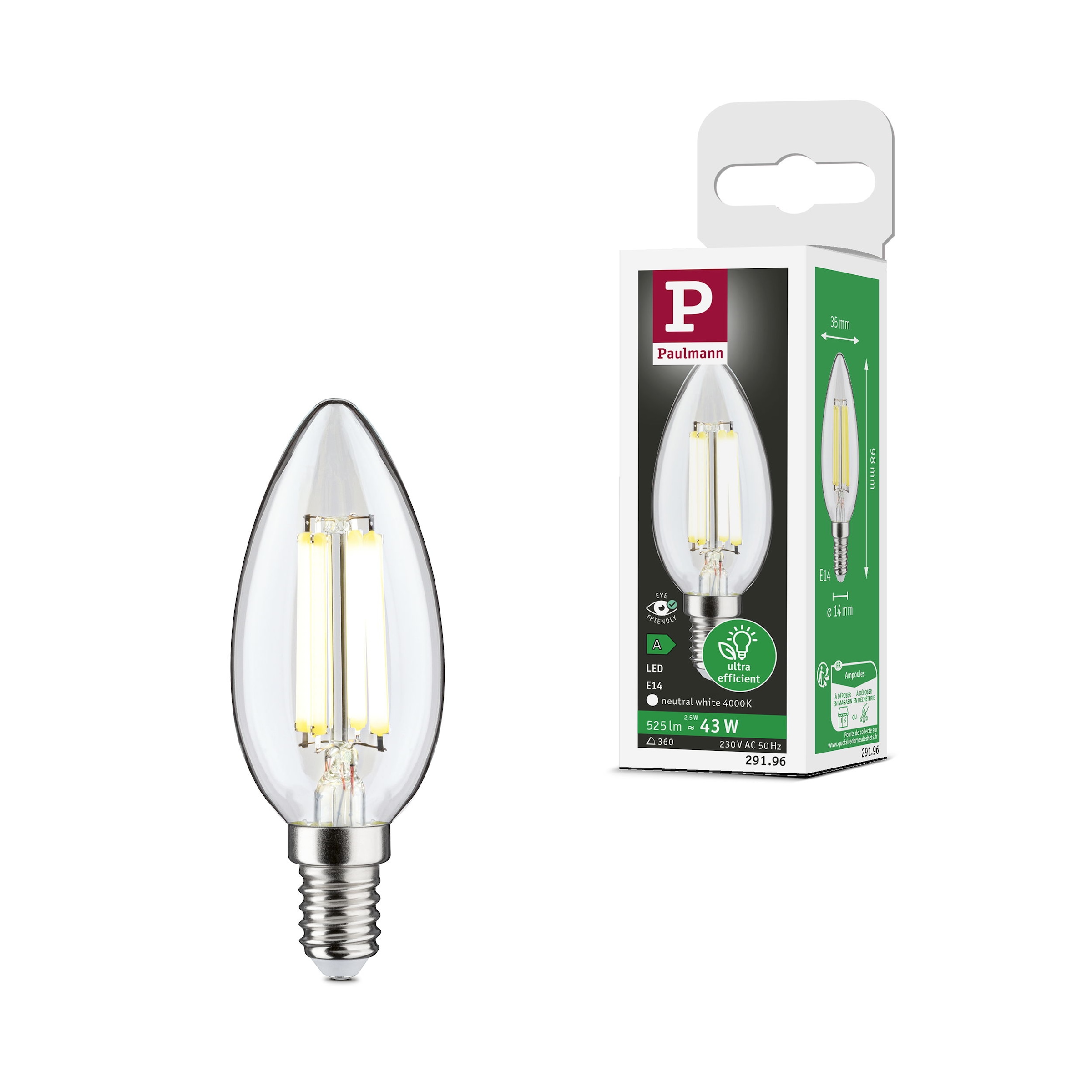 LED-Leuchtmittel »Eco-Line Filament 230V LED Kerze E14 1er-Set 525lm 2,5W 4000K Klar«,...