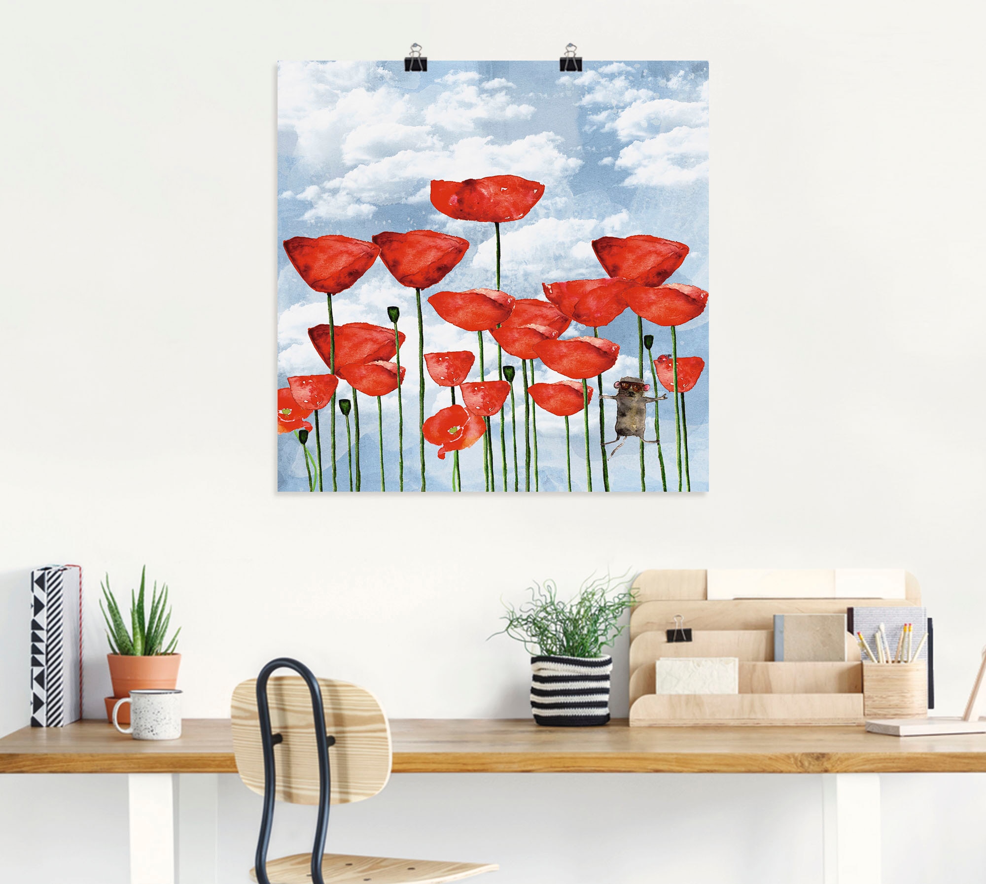 Artland Poster »Maus im Mohnfeld an einem bewölkten Tag«, Blumen, (1 St.), als Alubild, Leinwandbild, Wandaufkleber oder Poster in versch. Größen