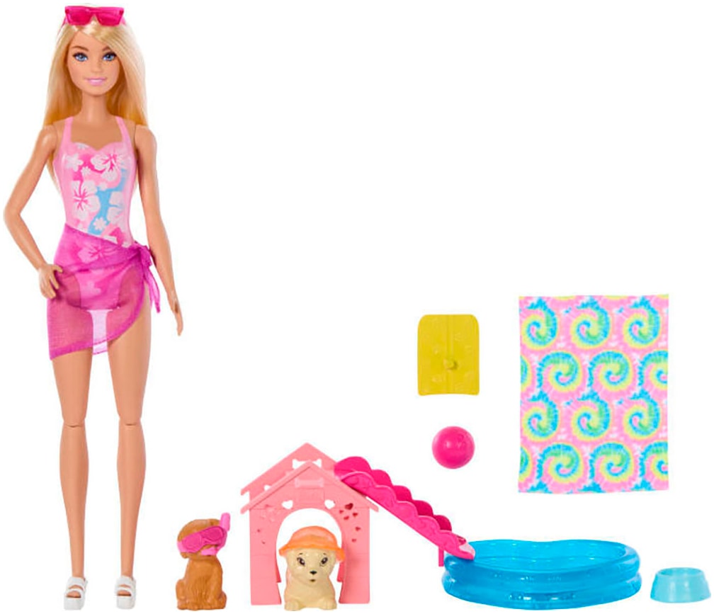 Barbie Anziehpuppe »Barbie Hündchen Pooplparty aloha blond«, Hundeschnorchelbrille mit Farbwechsel