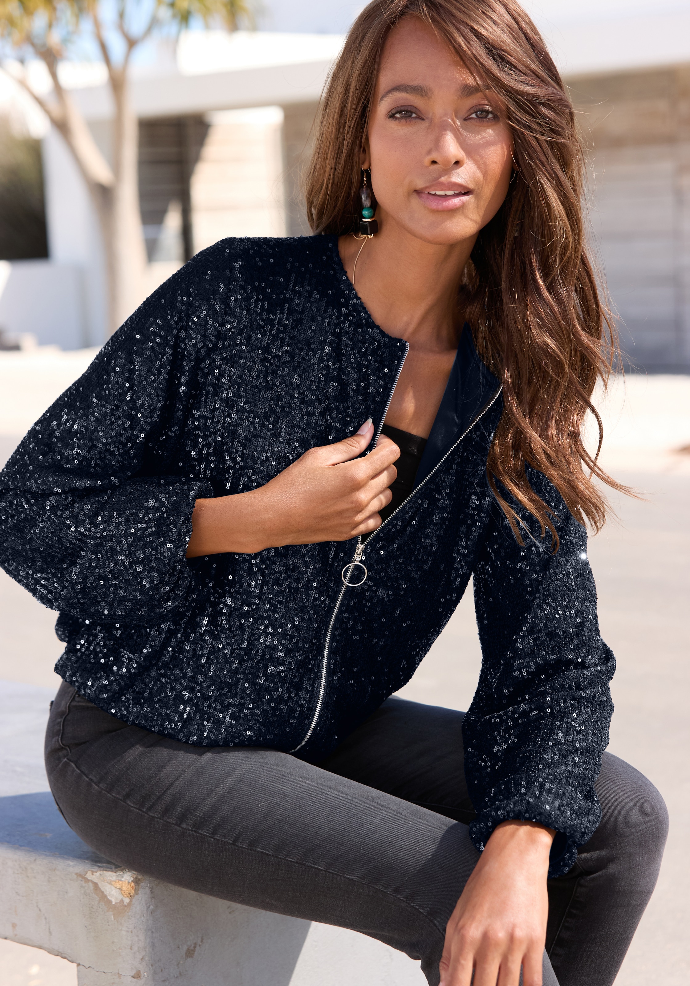 LASCANA Blouson mit Pailletten, festliche Bomberjacke, Paillettenjacke in Navy