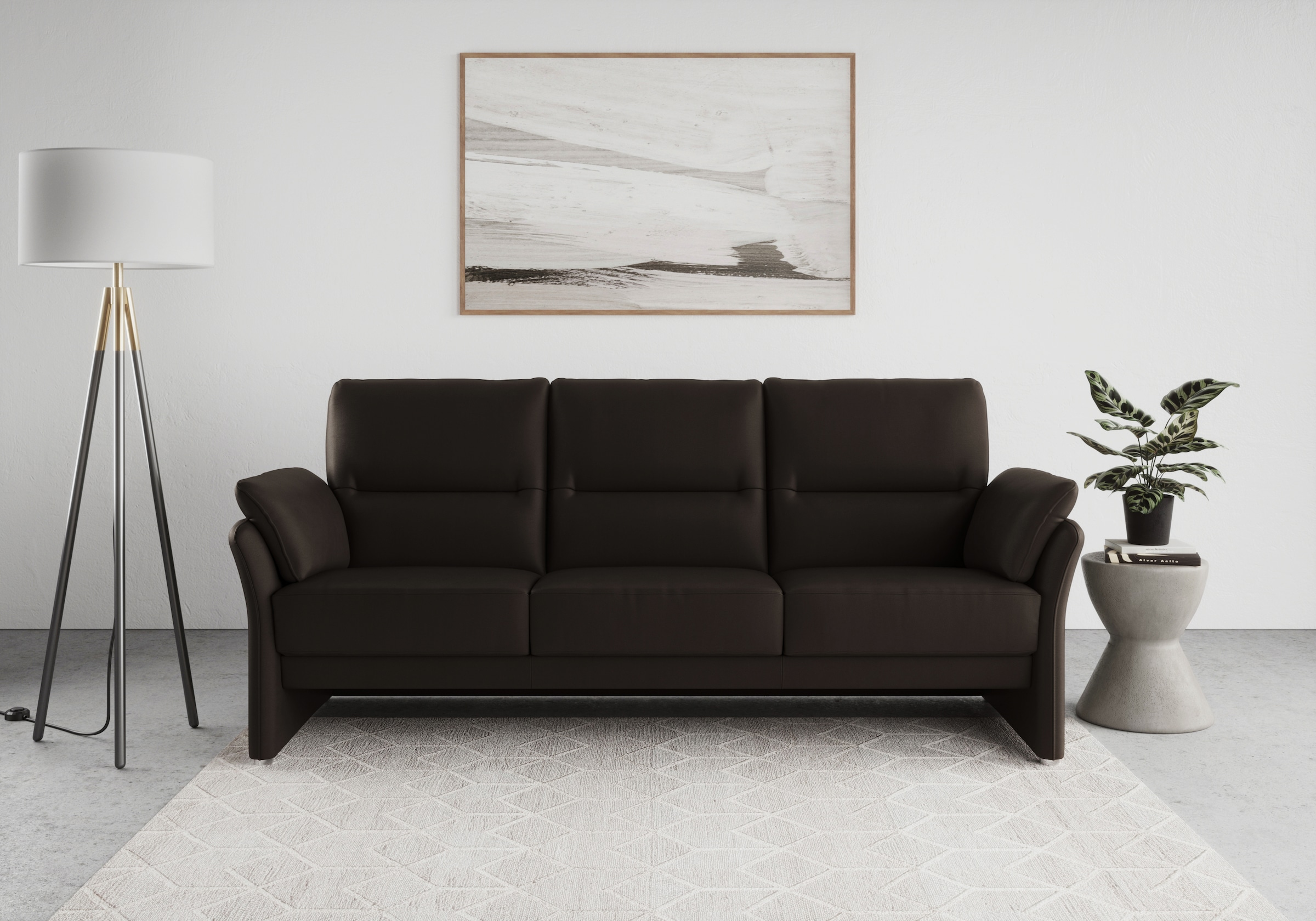 DOMO collection 3-Sitzer "Pina, schmale Armlehnen, mit Federkern, kompakt & elegant" Hoher Sitzkomfort, Luxus-Microfaser Lederoptik, braun, Breite 219 cm