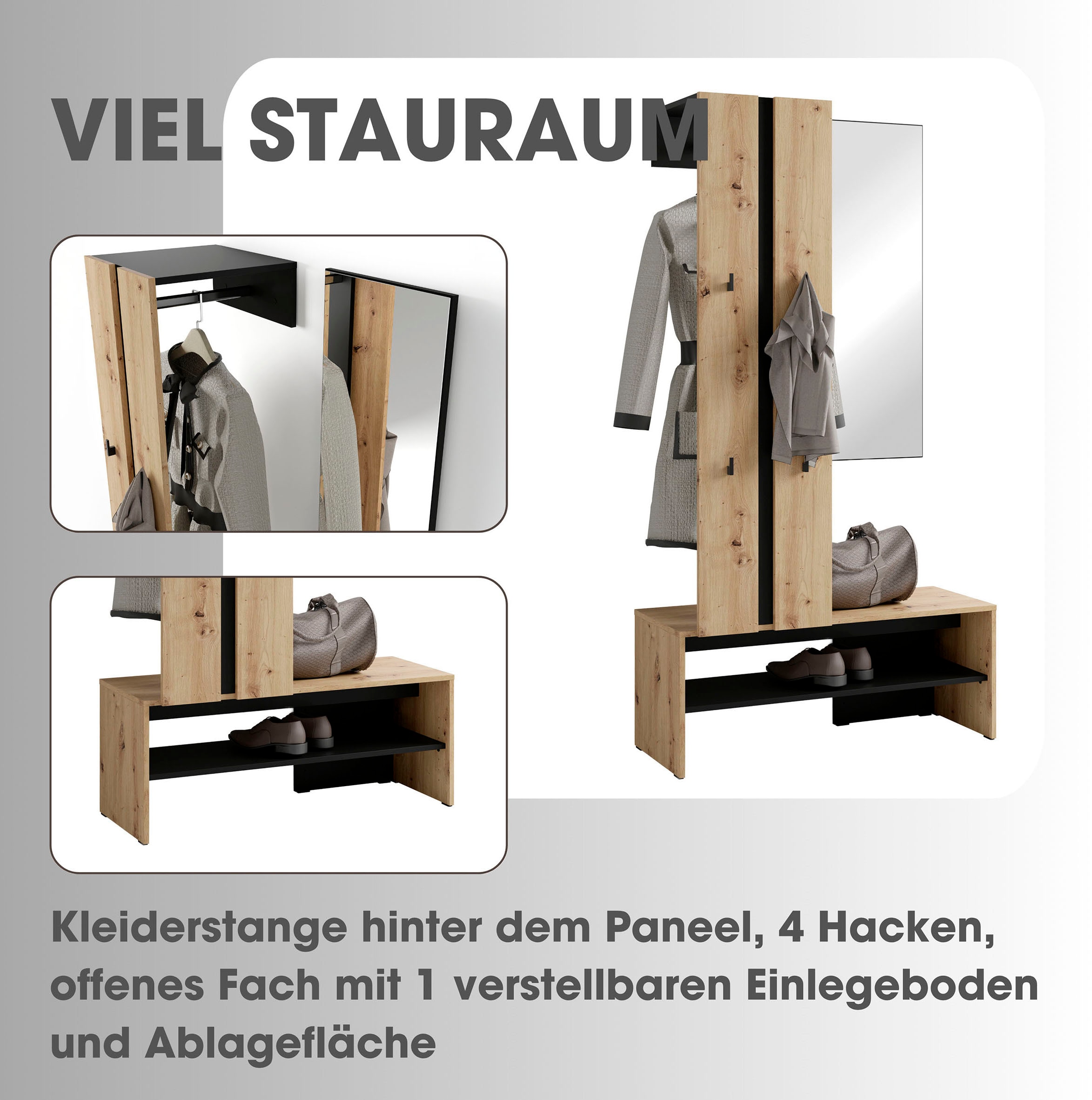 byLIVING Kompaktgarderobe »Dielen - Set Nante«, (2 St.), maximale Ordnung auf wenig Fläche mit Spiegel, Kleiderstange und Haken