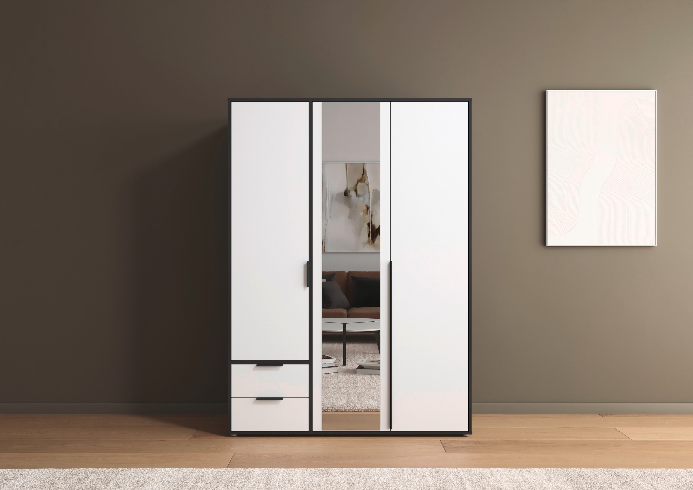 rauch Drehtürenschrank »Kleiderschrank Schrank Garderobe Wäscheschrank NAGATA mit Spiegel«, (in 3 verschiedenen Ausstattungen BASIC/CLASSIC/PREMIUM), und Schubladen sowie Stangengriffen TOPSELLER MADE IN GERMANY