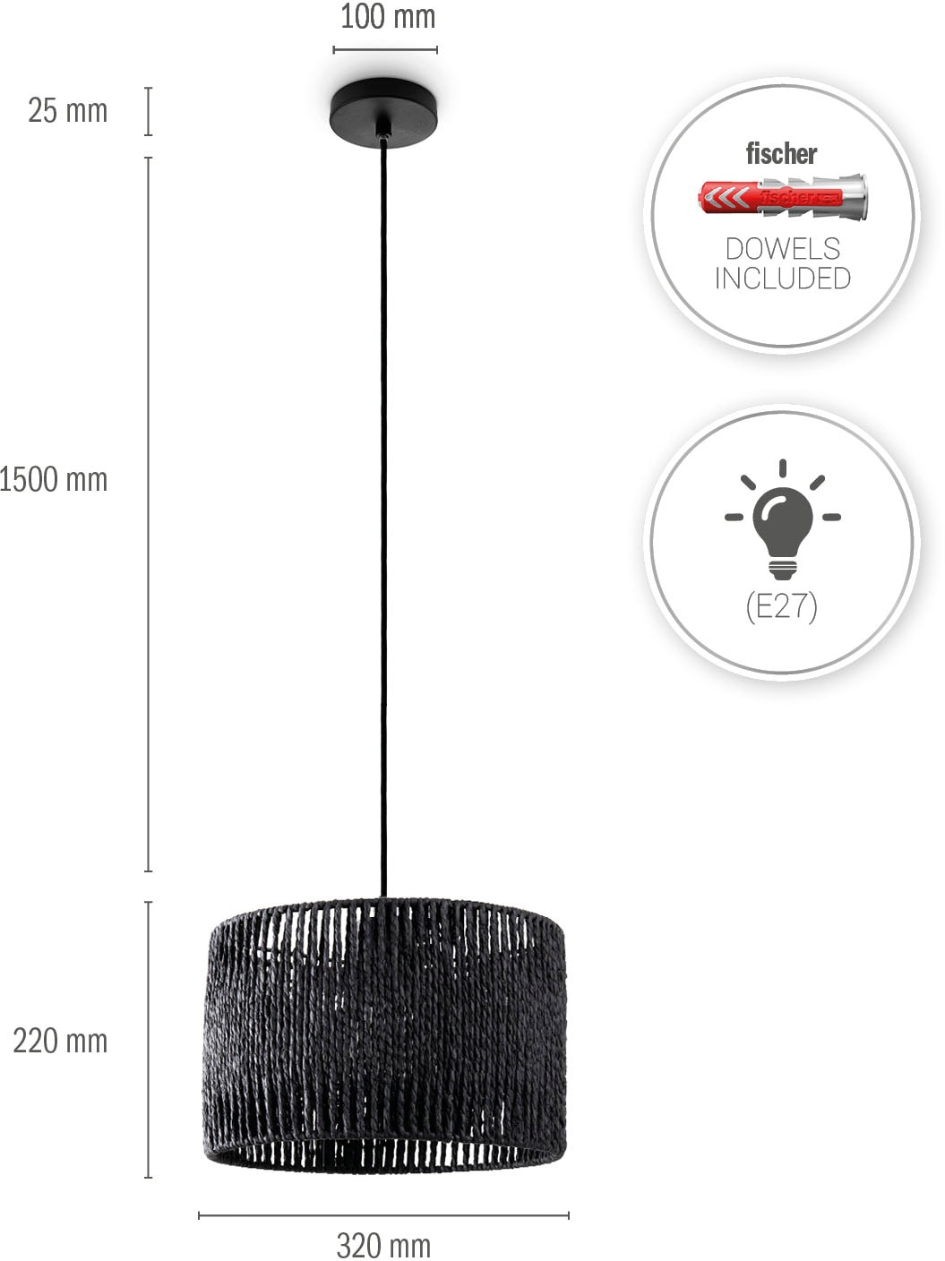 Paco Home Pendelleuchte »Hugo Buena«, Leuchtmittel E27 | ohne Leuchtmittel, Wohnzimmer Esszimmer Rattan Optik Boho Lampenschirm Papier