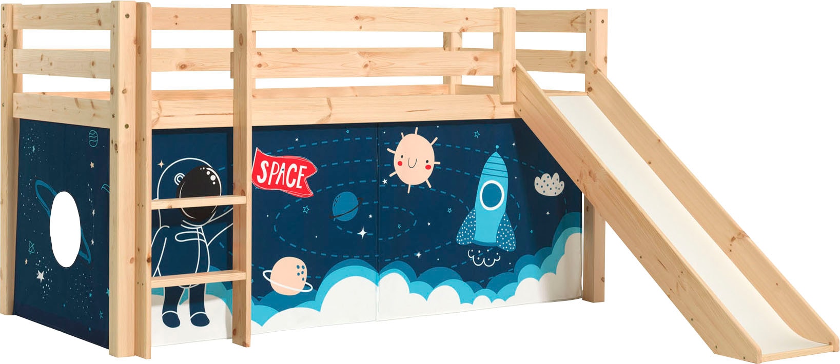 Vipack Spielbett "Pino, Kiefer massiv, mit Rolllattenrost u. Textil-Set, Made in Europe" B/H/T ca. 210x114x218cm, mit Absturzschutz, Leiter und Rutsche, verschiedene Textil-Designs und Holzfarben zur Wahl