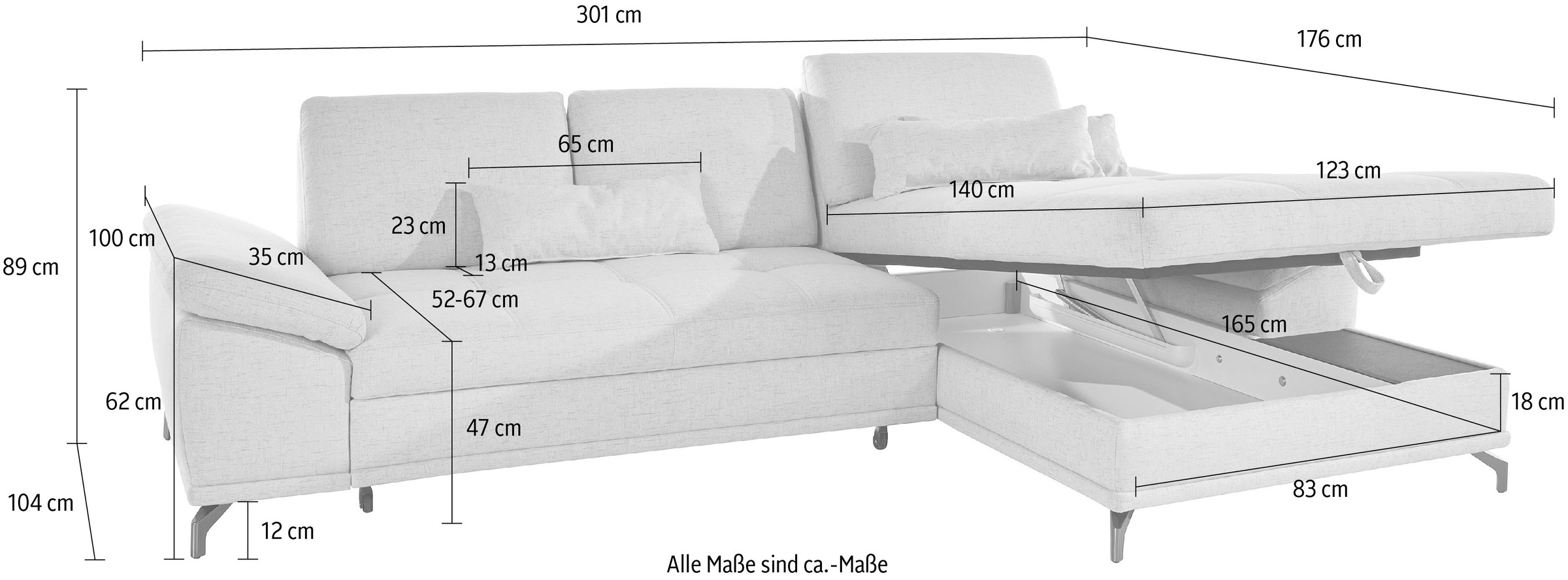 Places of Style Ecksofa Costello, mit Sitztiefenverstellung und Armlehnfunktion, incl. 3 Nierenkissen