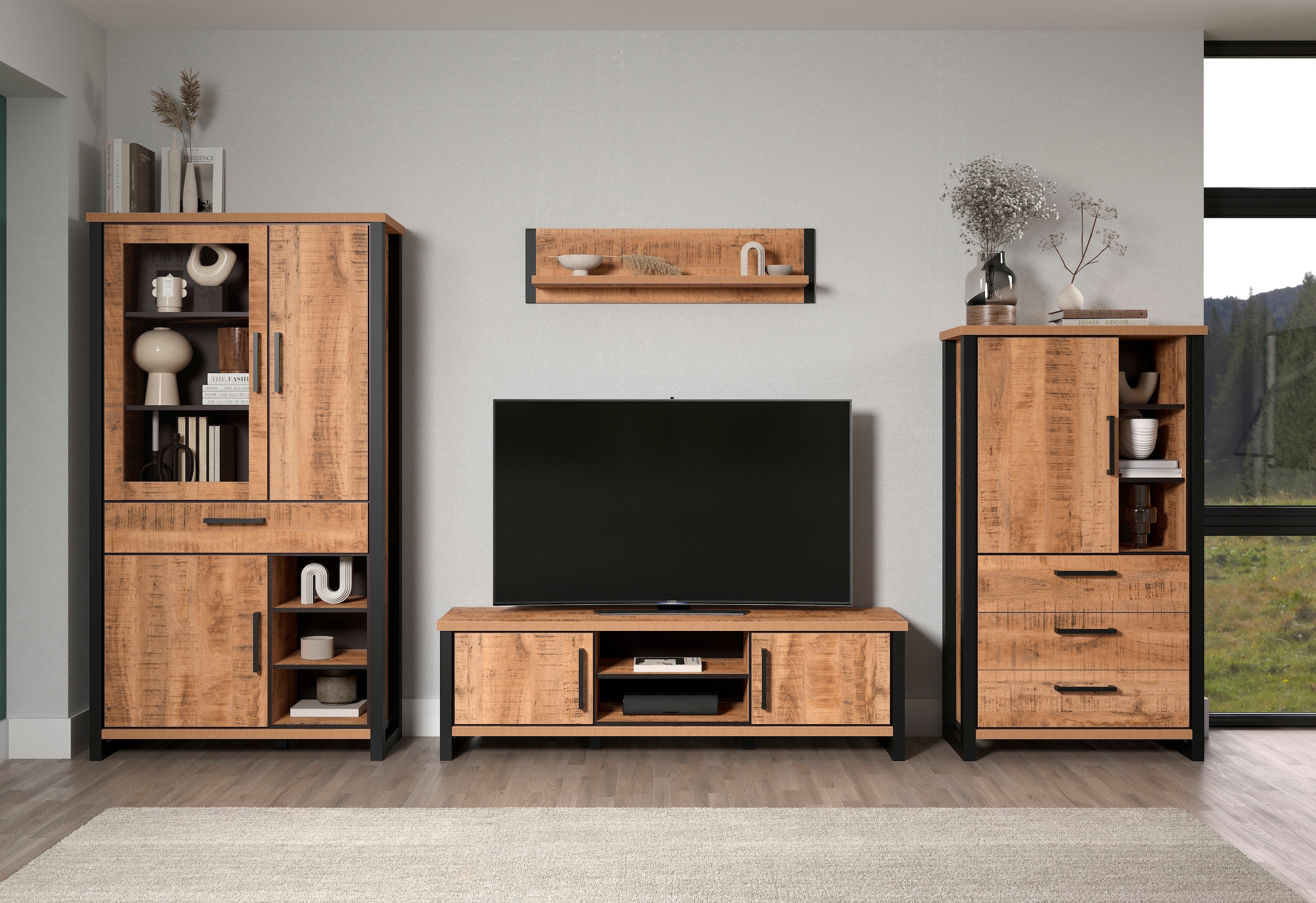Home affaire Vitrine »Elda« 1 Stk. tlg. Vitrine mit 3 Türen & 1 Vollauszug Schublade - (B/T/H) 106/45/195 cm