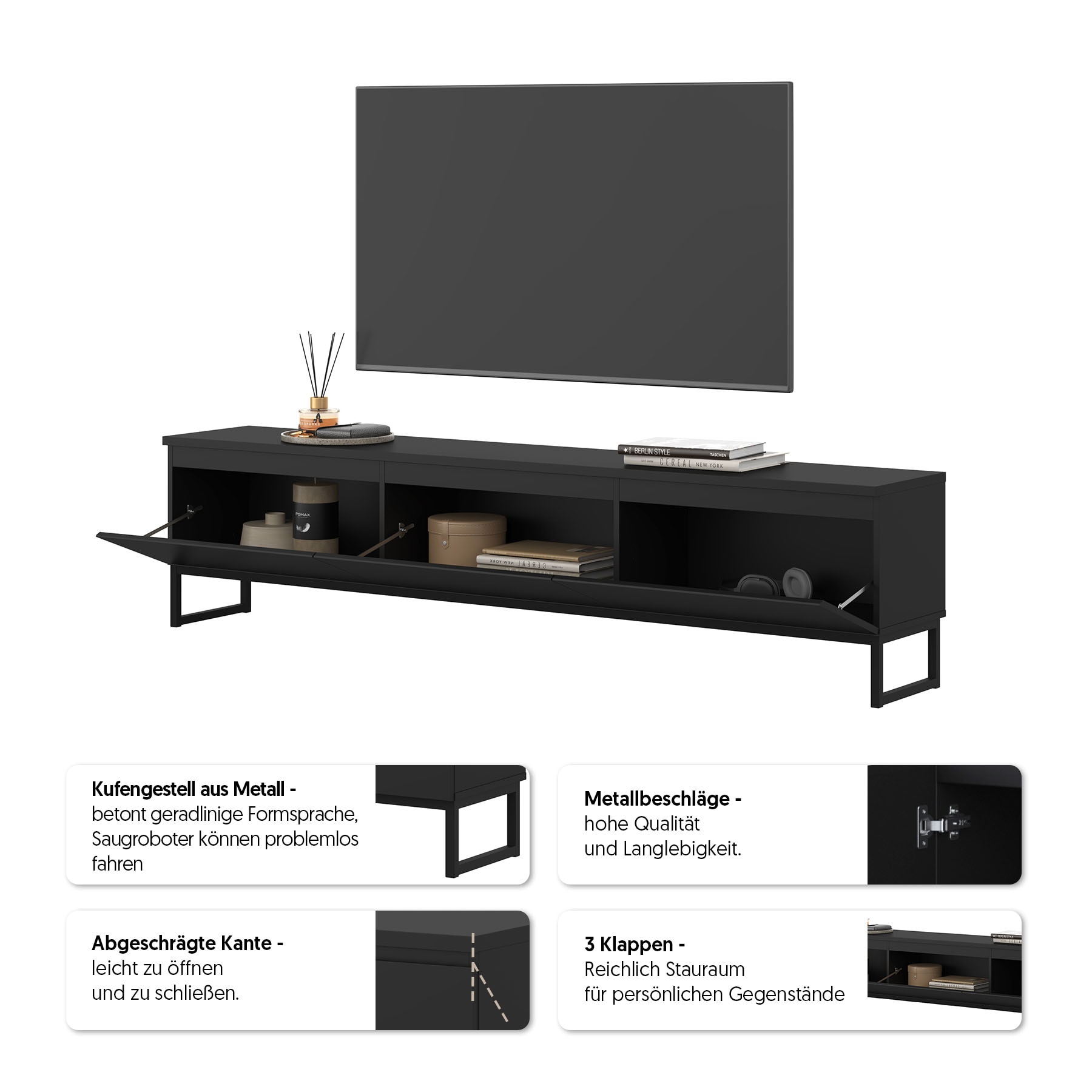 OTTO home Lowboard »Modo II, Breite 200 cm, modernes griffloses Lowboard 3 Klappen« TV-Kommode mit viel Stauraum, Metallkufen