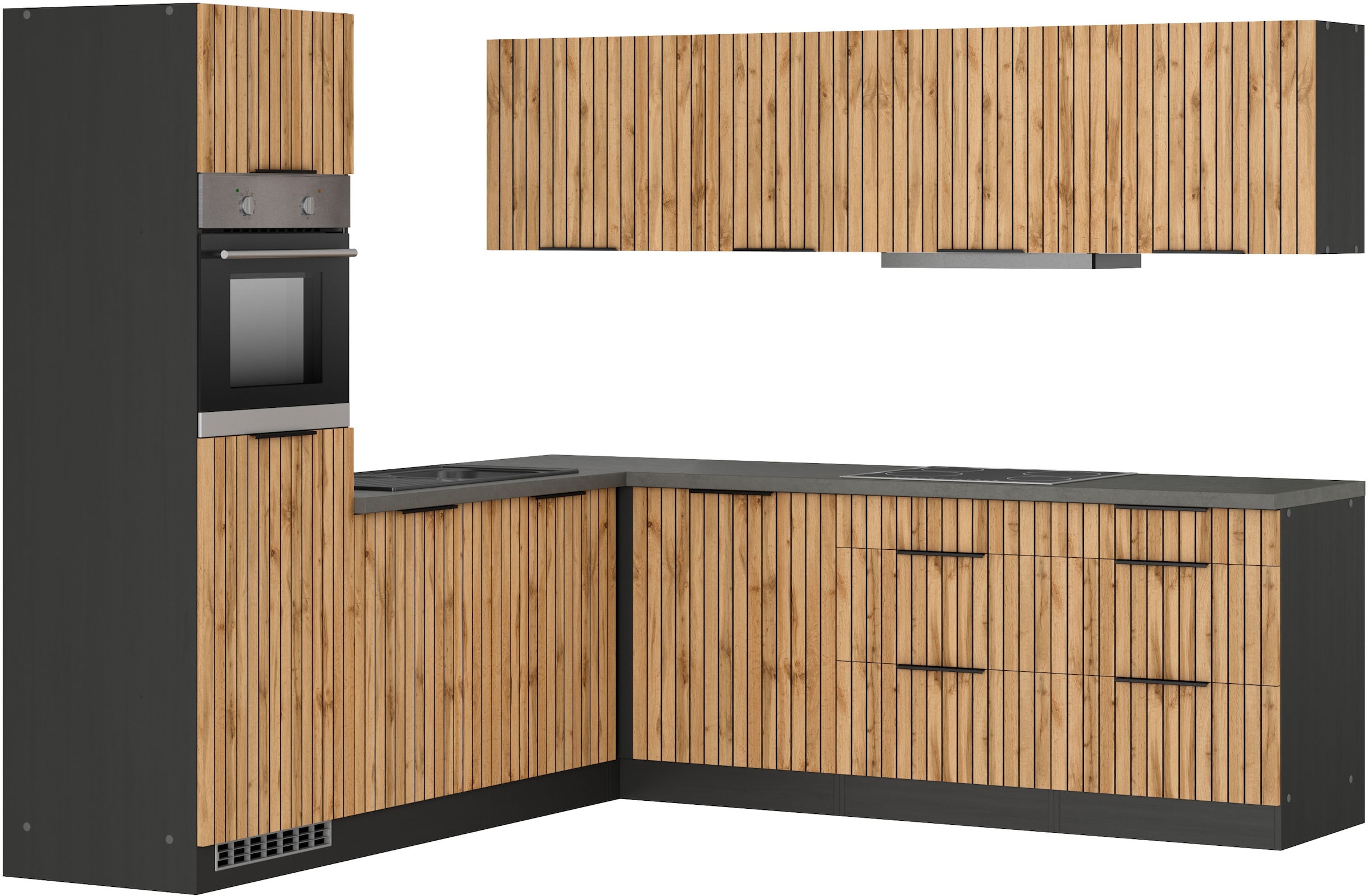 KOCHSTATION Winkelküche "KS-Lagos, Stellbreite 240/240 cm, wahlweise mit E-Geräten" GK-oder Induktionskochfeld,Kühlschrank,Spüle edelstahl oder schwarz