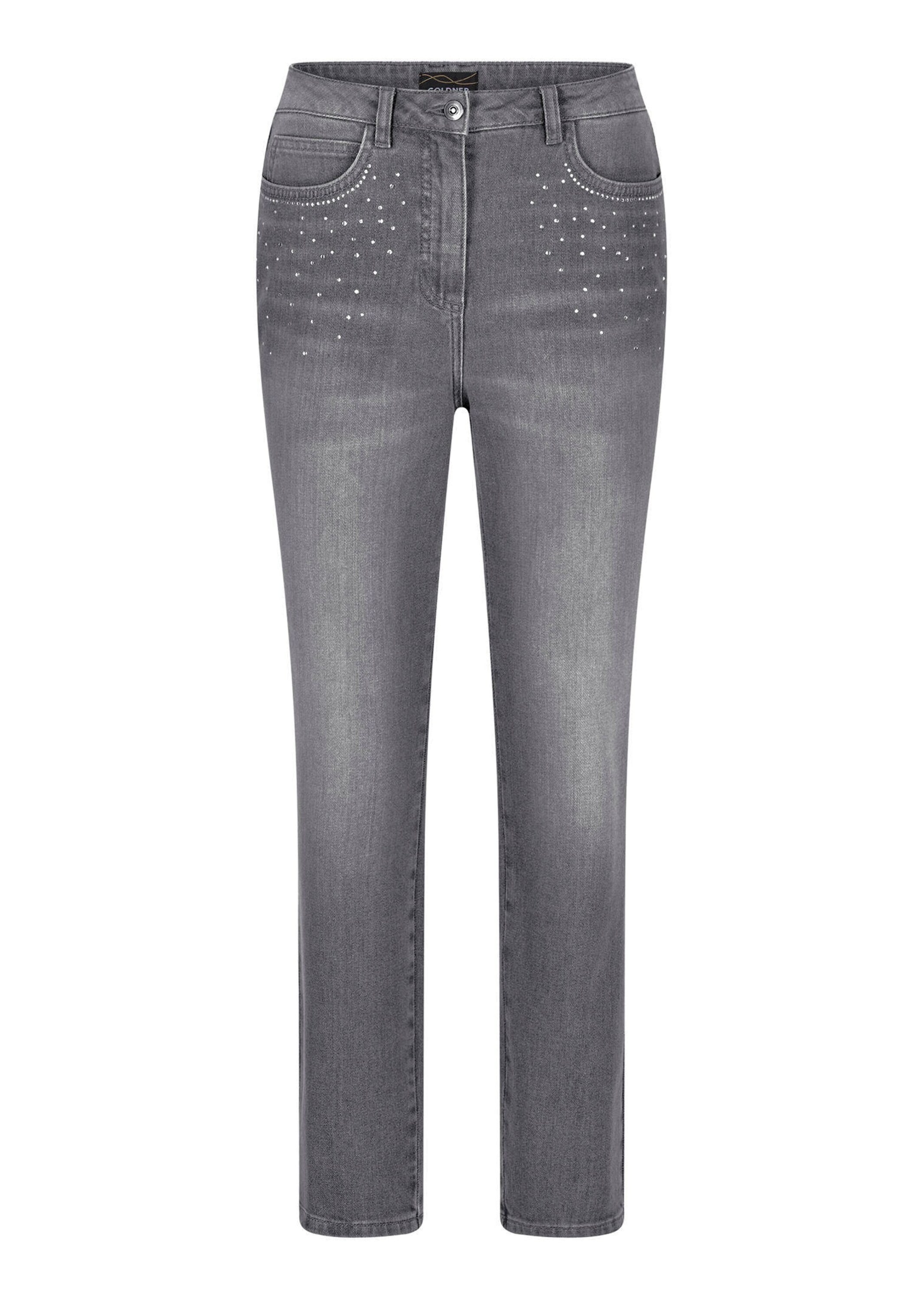 GOLDNER Stretch-Jeans "Kurzgröße Mom-Jeans SARA mit Formbund" Mit Glitzersteinen an den Taschen
