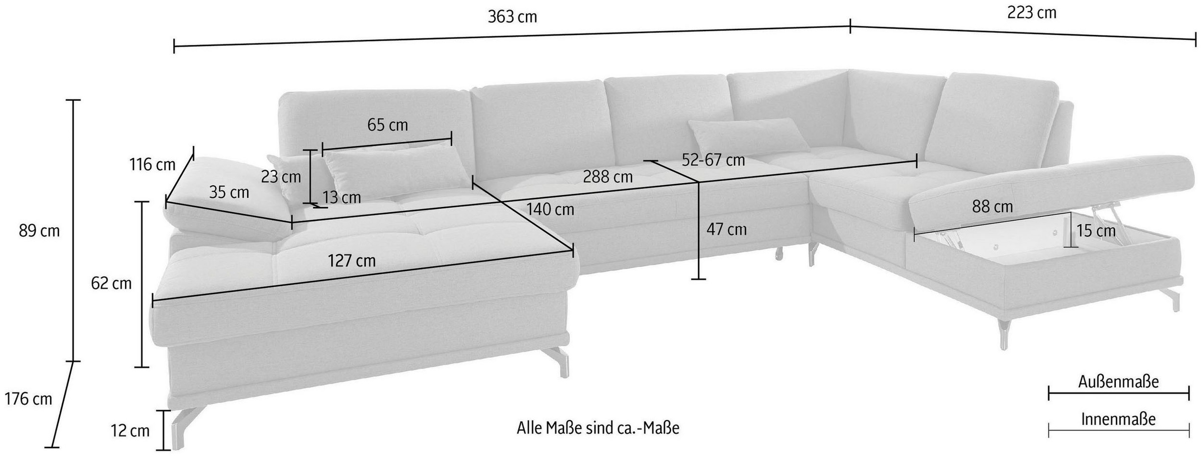 Places of Style Wohnlandschaft »Costello U-Form«, incl. Sitztiefenverstellung und Armlehnfunktion, 3 Nierenkissen