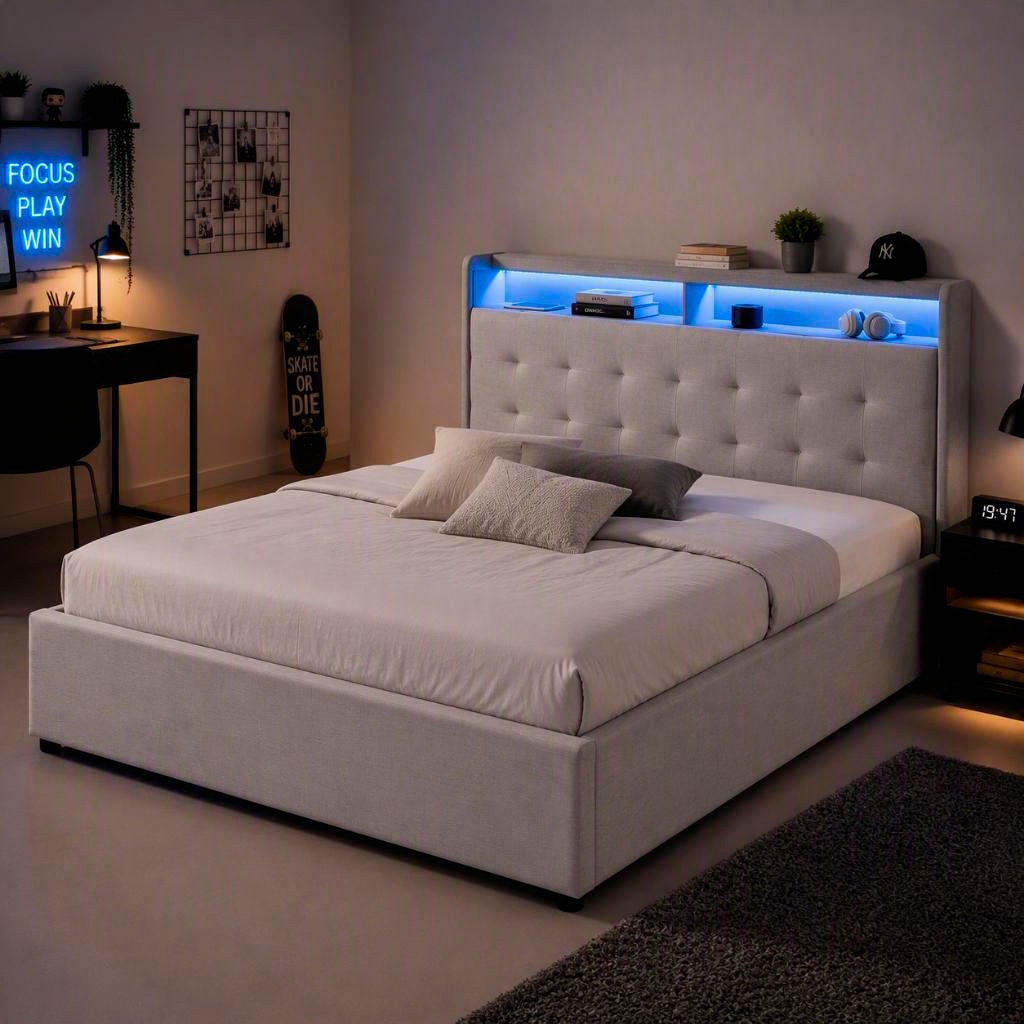 OTTO home Polsterbett »Hamar, beleuchtetes Regal, USB/ USB-C, bis 250 KG belastbar« LED-Licht und USB und USB-C Ladegerät im Kopfteil, Knopfsteppung