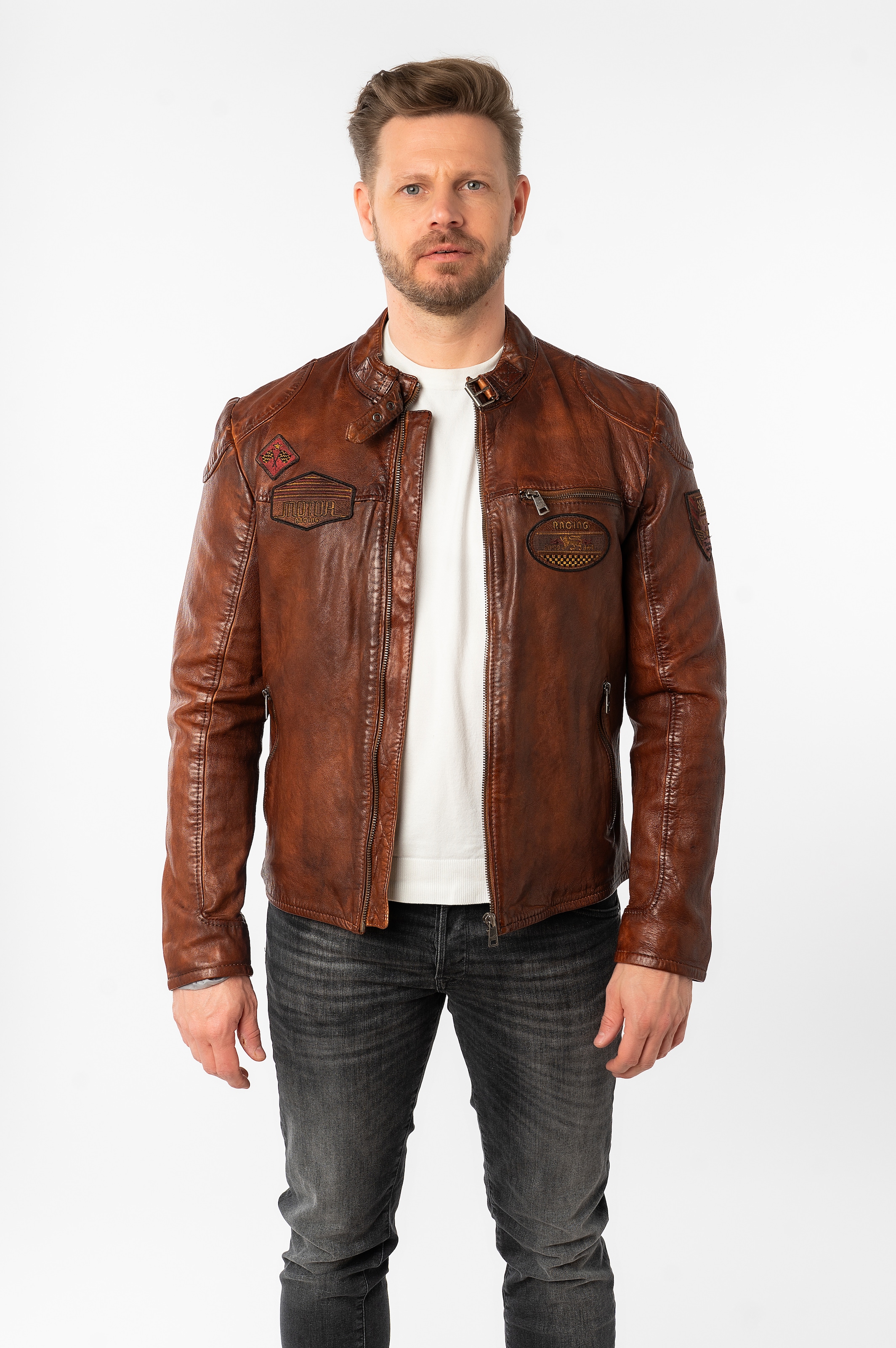Mauritius Lederjacke »MMKendrik«, mit Patches, Stehkragen