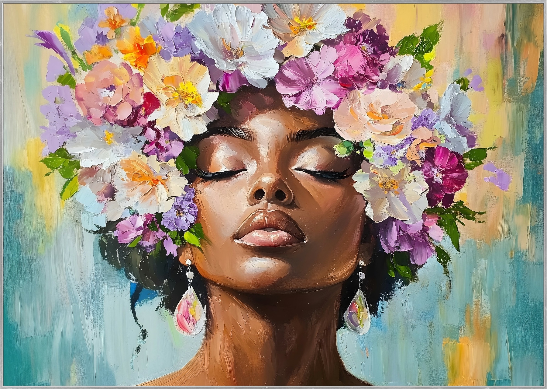Bönninghoff Ölgemälde "handarbeit gerahmt FRAU 78x118 cm – Wandbild Deko elegant" Blumen Frau Portrait 1 Stk. tlg. handgefertigt, jedes Bild ein Unikat, Schattenfugenrahmen