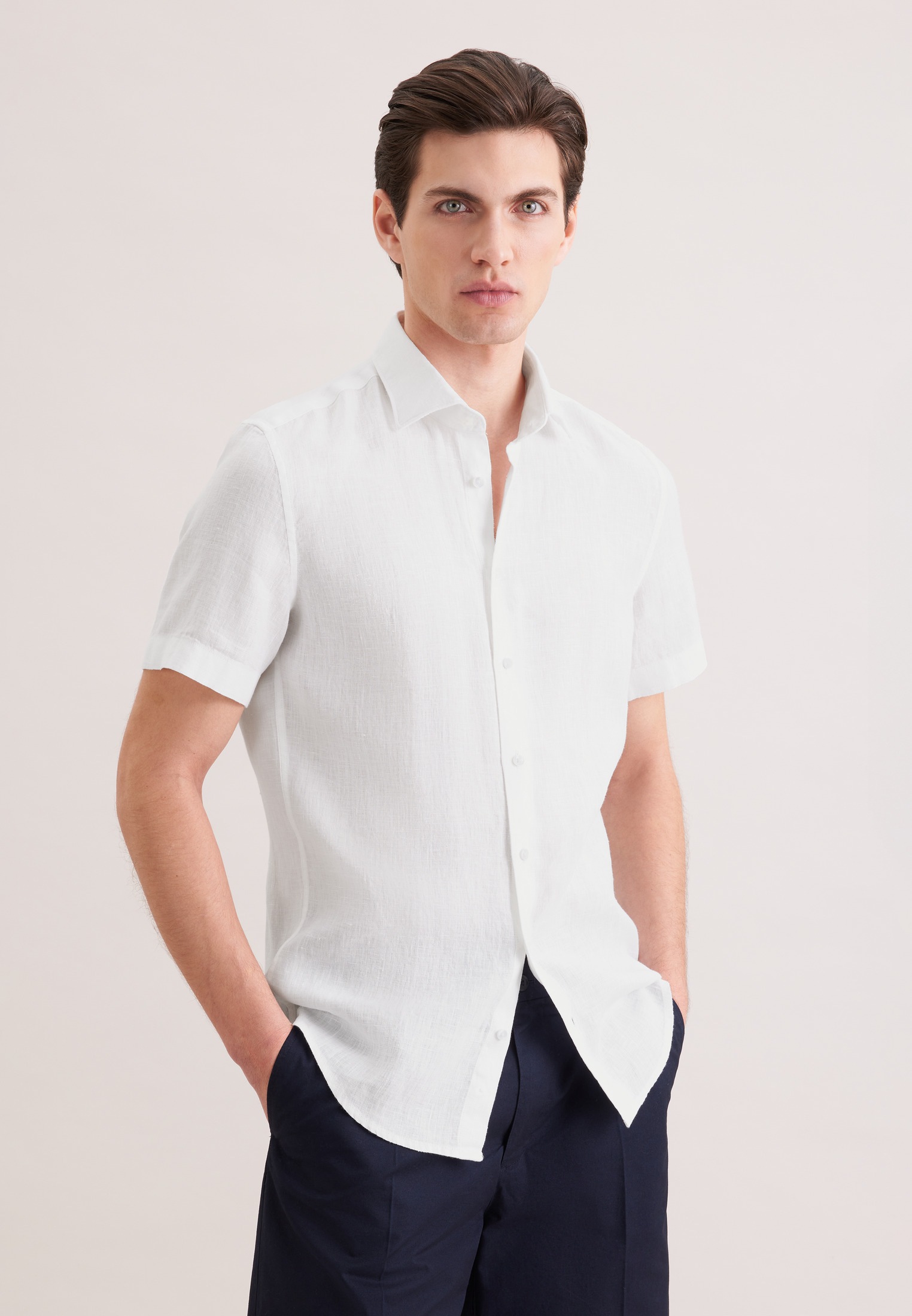 Leinenhemd SEIDENSTICKER "Schwarze Rose", Herren, Gr. L (42), normale Ärmellängen, weiß, 100% Leinen, unifarben, slim fit, Hemden, Slim 1/2 Kentkragen Uni
