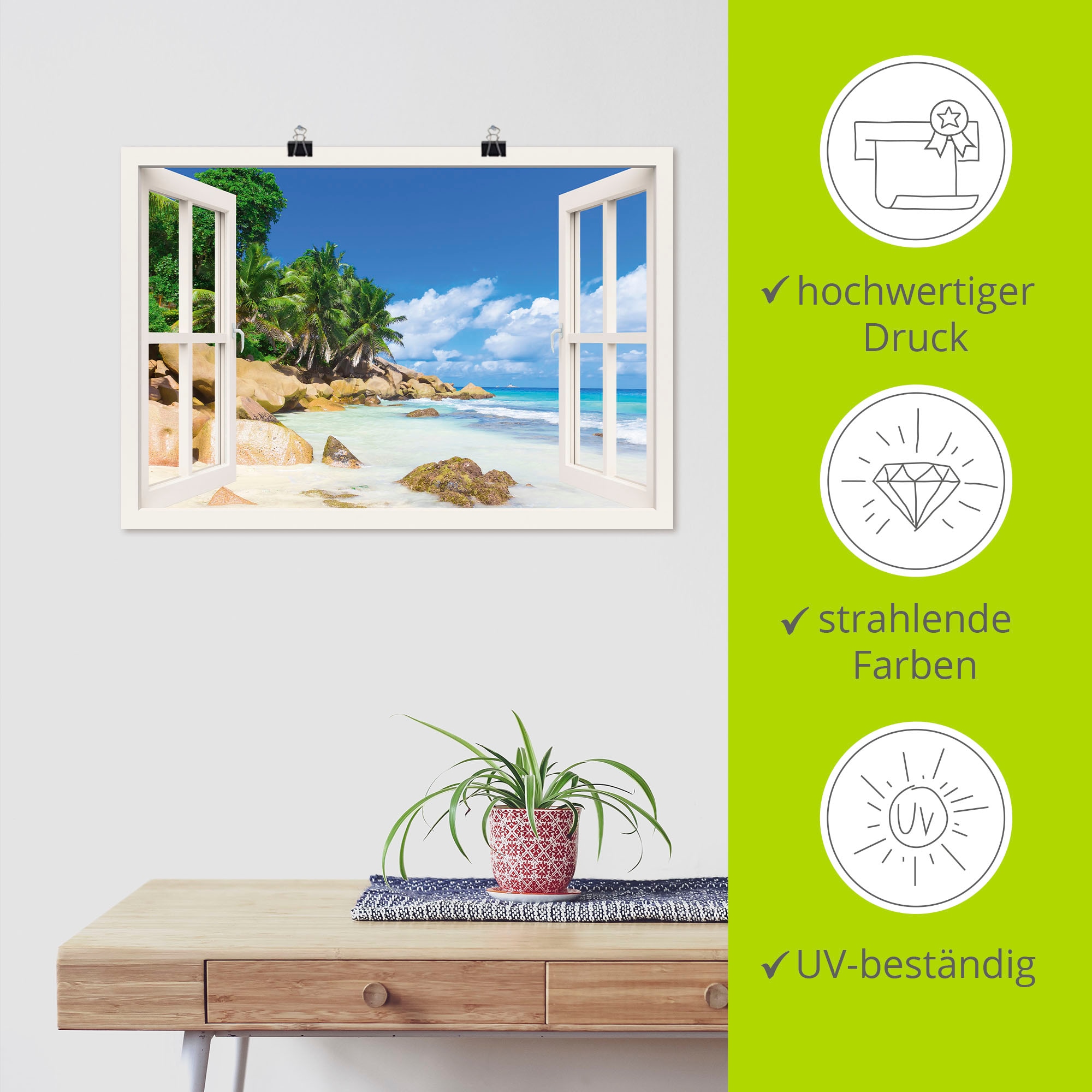 Artland Wandbild »Küste mit Palmen durchs Fenster«, Karibikbilder, (1 St.), als Alubild, Outdoorbild, Leinwandbild, Poster, Wandaufkleber