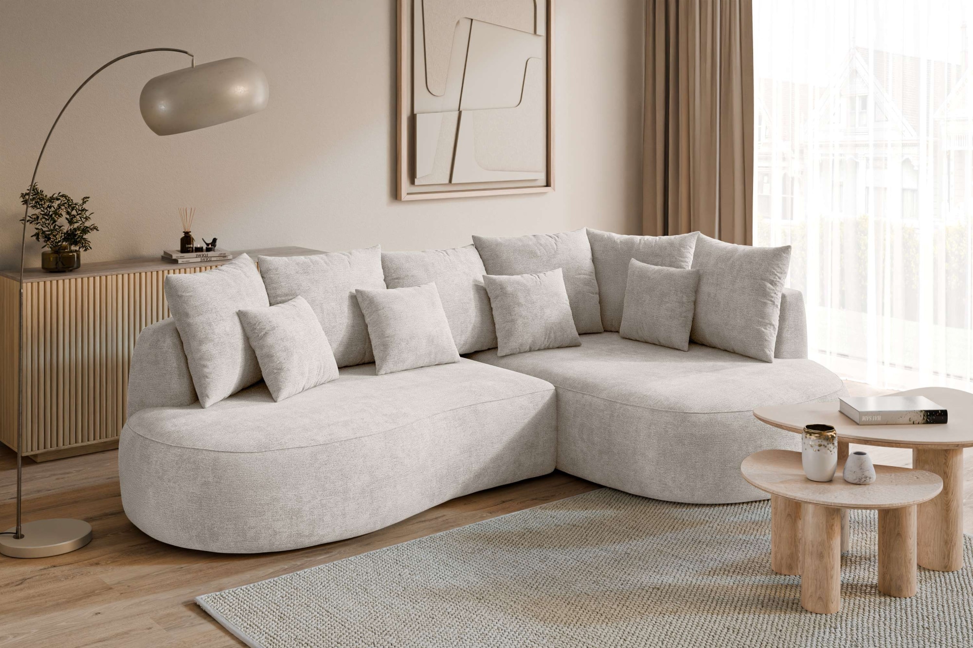 homsy by Ana Johnson Ecksofa "PEBBLA L-Form mit vielen Kissen, modernes Design, Bezug- Struktur" Breite 267 cm, Design-Sofa mit Ottomane recht/links bestellbar