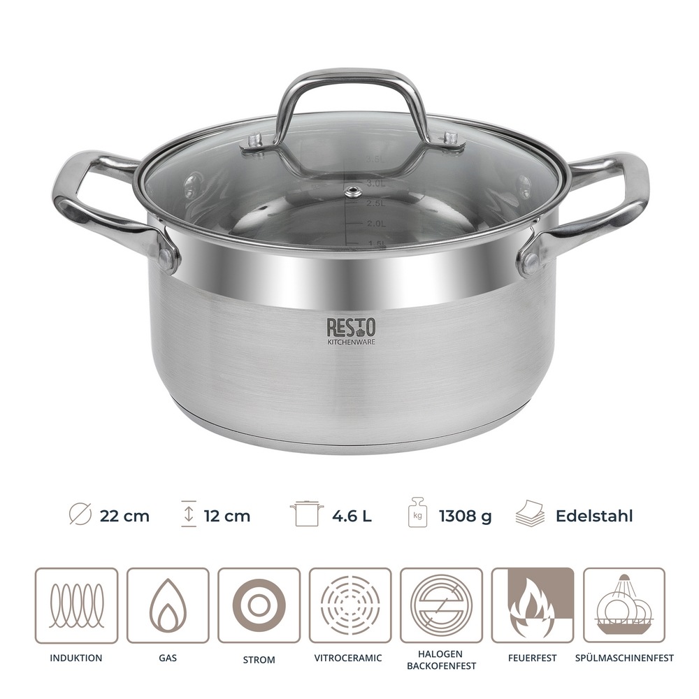 RESTO Kitchenware Kochtopf »Libra, Topf energiesparend und spülmaschinenfest«, Edelstahl 18/10, (2 tlg.), mit hitzebeständigem Glasdeckel und Griffen