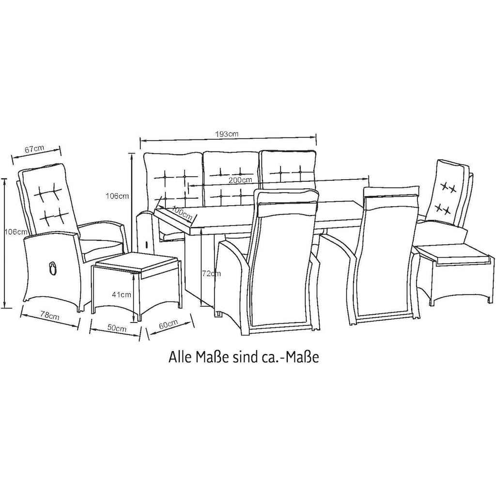 KONIFERA Garten-Essgruppe »Monaco«, (Set, 24 tlg., 4x Sessel, 1x 3er Sofa, 2x Hocker, 1x Tisch 200x100x75cm), Polyrattan, Aluminium, mit verstellbaren Rückenlehnen, inkl. Auflagen