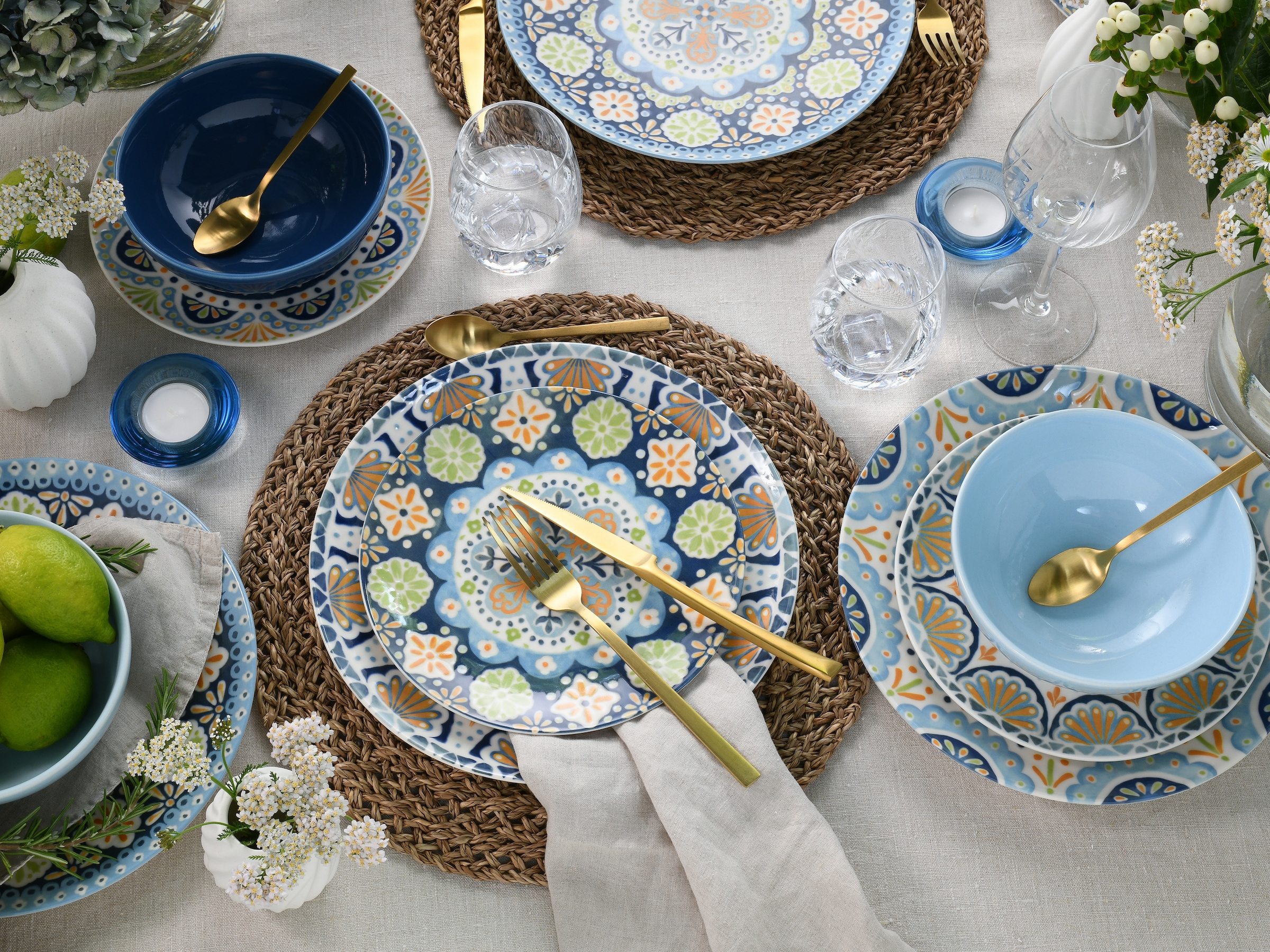 CreaTable Teller-Set »Patio, Geschirr-Set, 12-tlg.« Hellblaue und blaue Farbglasuren, Hochwertiges Steinzeug