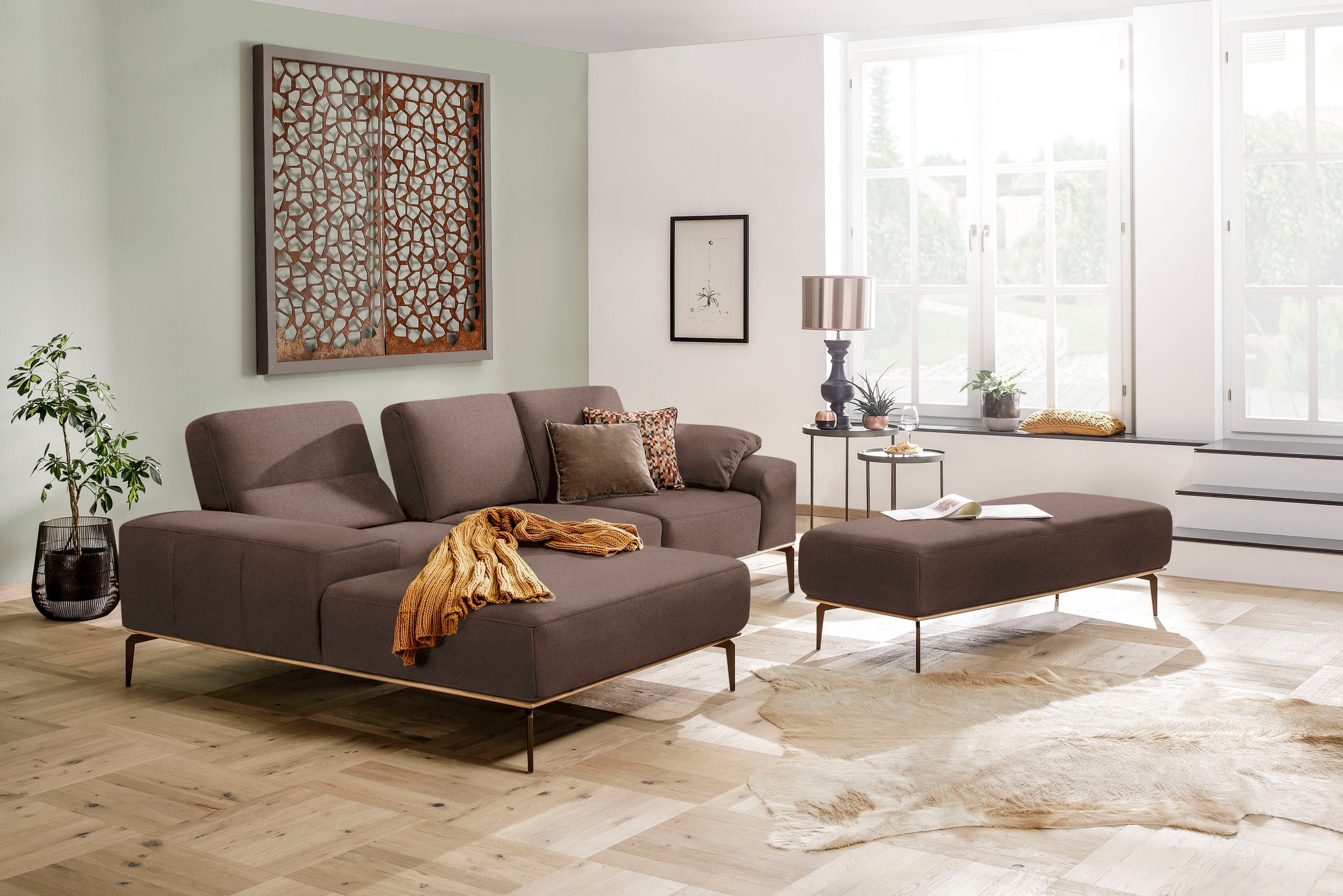 W.SCHILLIG Ecksofa »run, Designsofa mit tollem Sitzkomfort, bequem, L-Form«, mit Holzsockel, Füße in Bronze pulverbeschichtet, Breite 279 cm